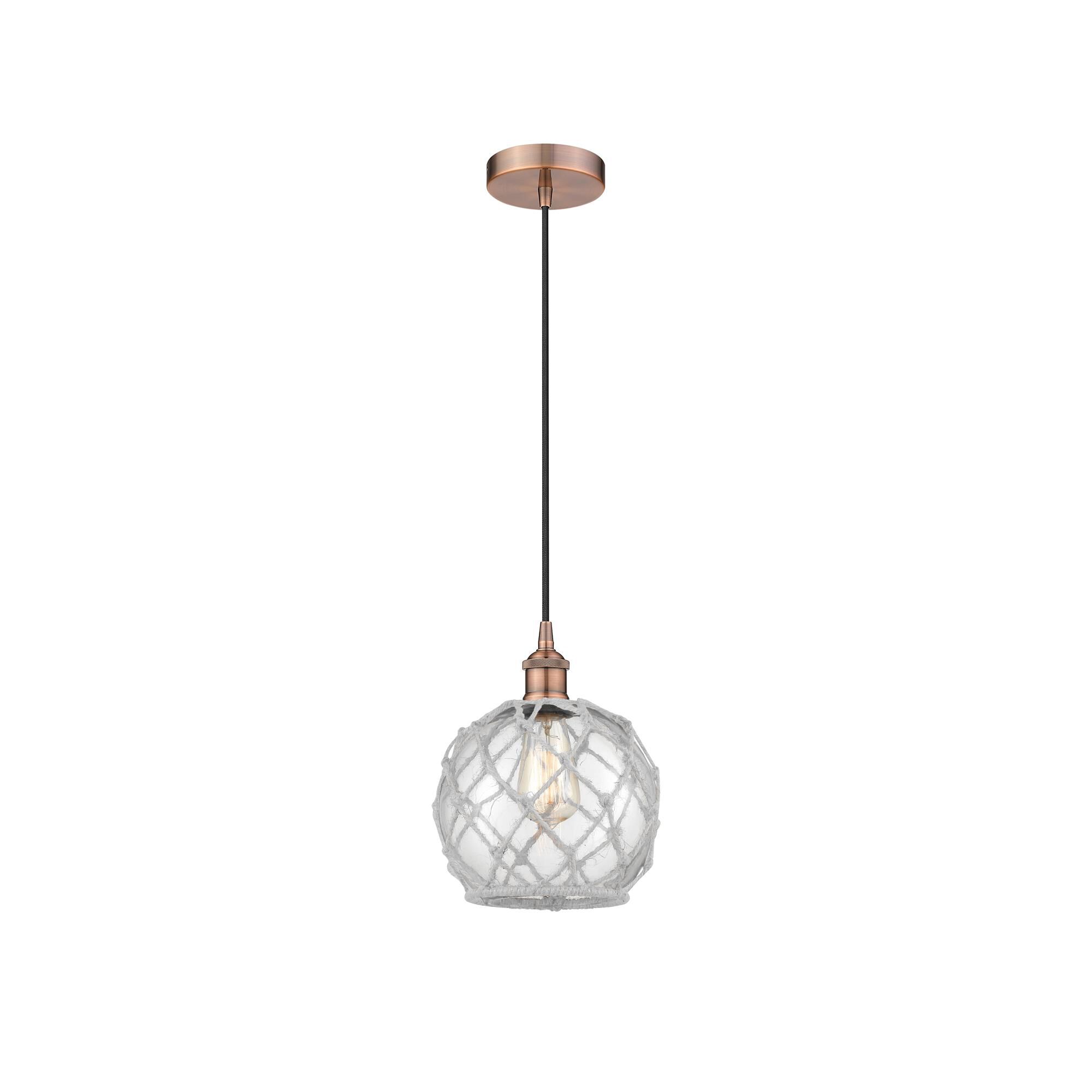 Shown in Antique Copper finish and Clear Farmhouse  With White Rope glass