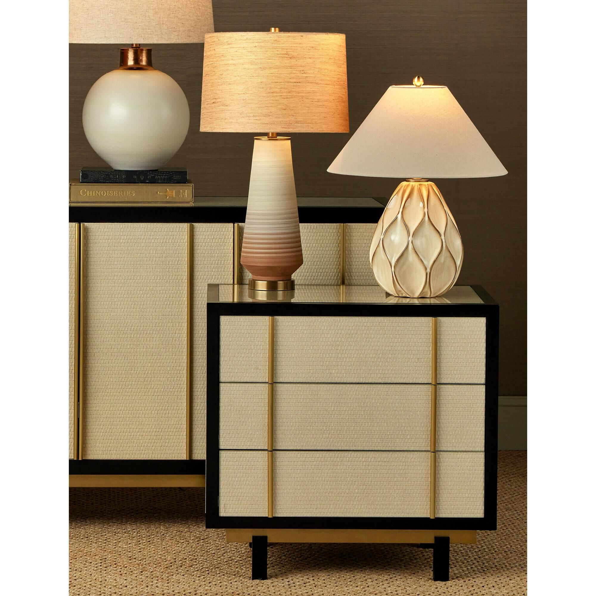 Shown in Beige, Dark Brown and Light Antique Brass finish and Off-White Linen shade