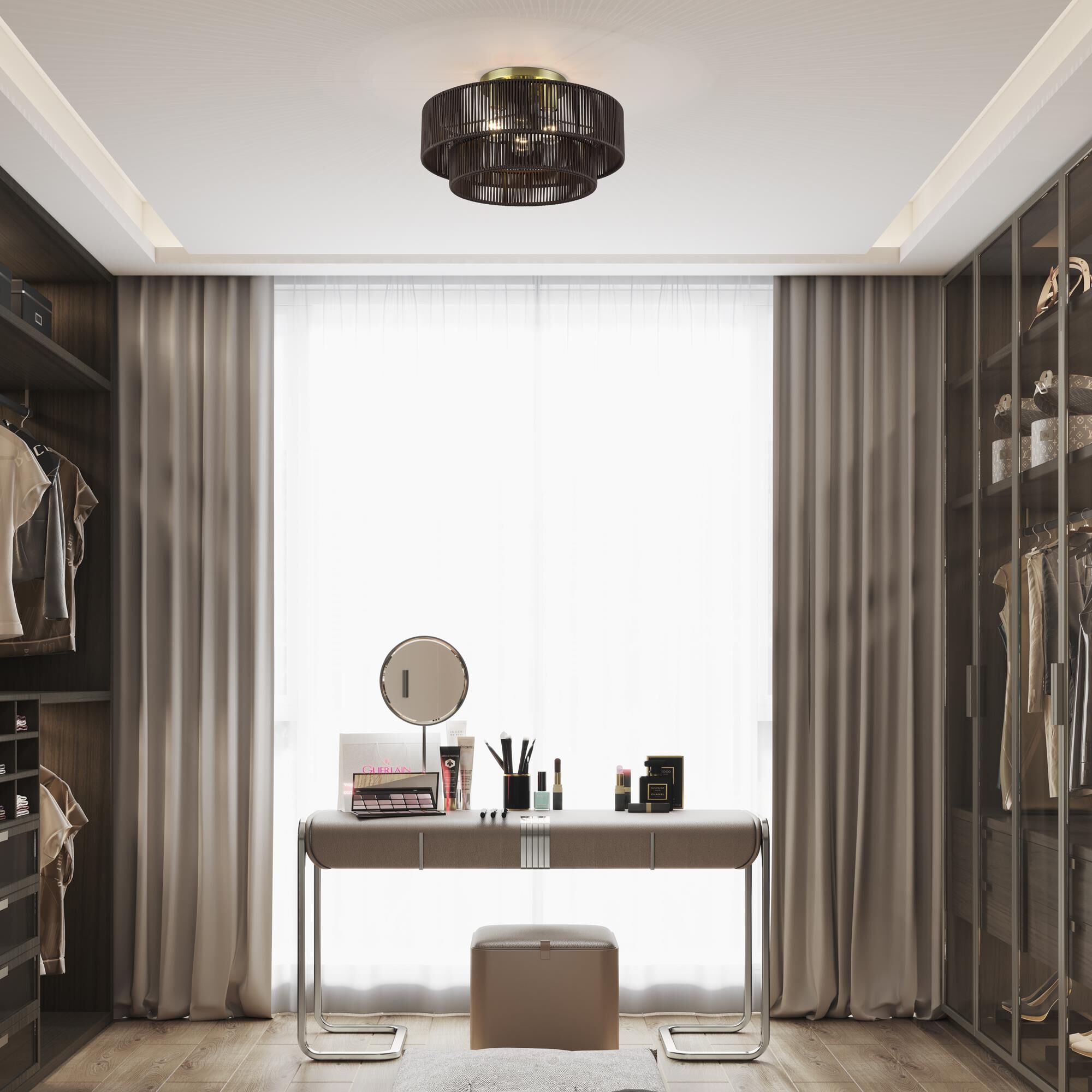 Shown in Antique Brass finish and Hand-Woven Dark Chocolate Color Polyester Rope shade