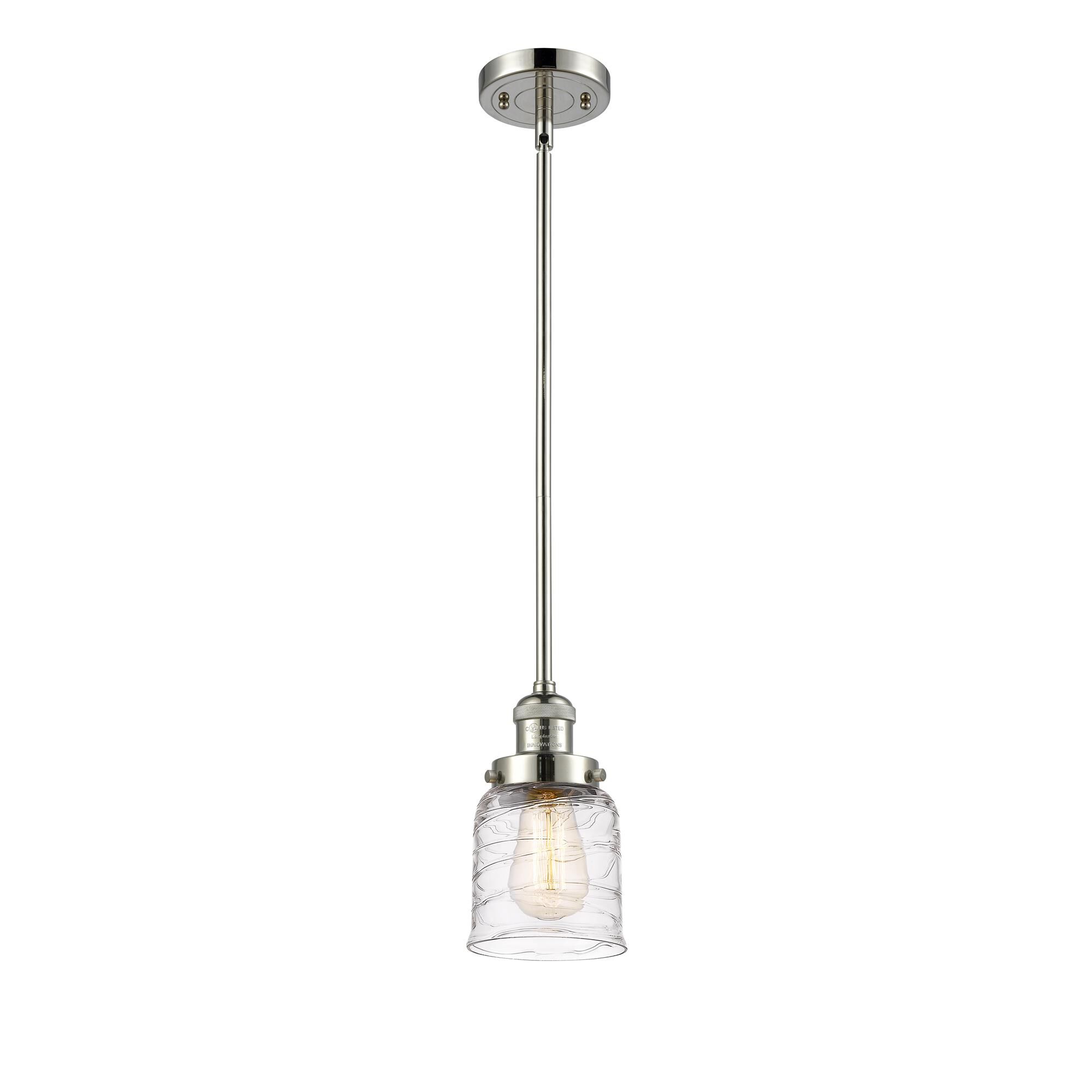 Shown in Polished Nickel finish and Clear Deco Swirl Small Bell glass