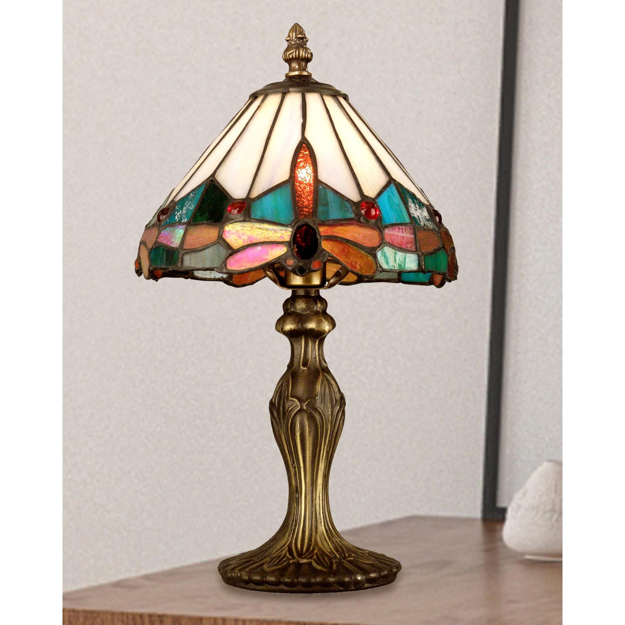Shown in Antique Brass Plating finish and Hand Rolled Art Glass shade