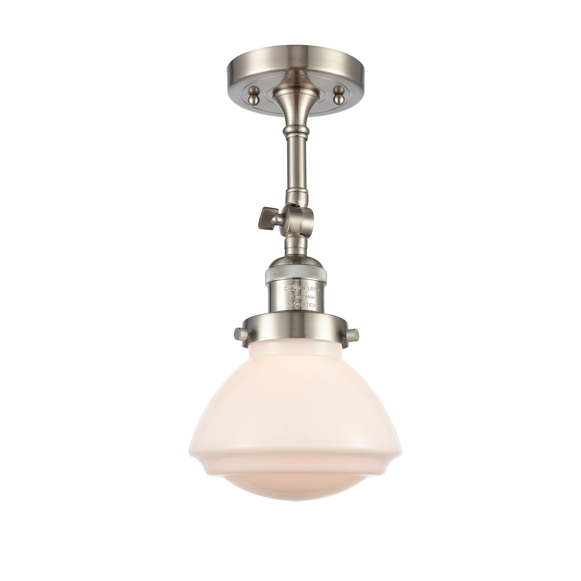 Shown in Brushed Satin Nickel finish and Frosted Matte White Olean glass and Glass shade and Bulb Tint - Amber accent