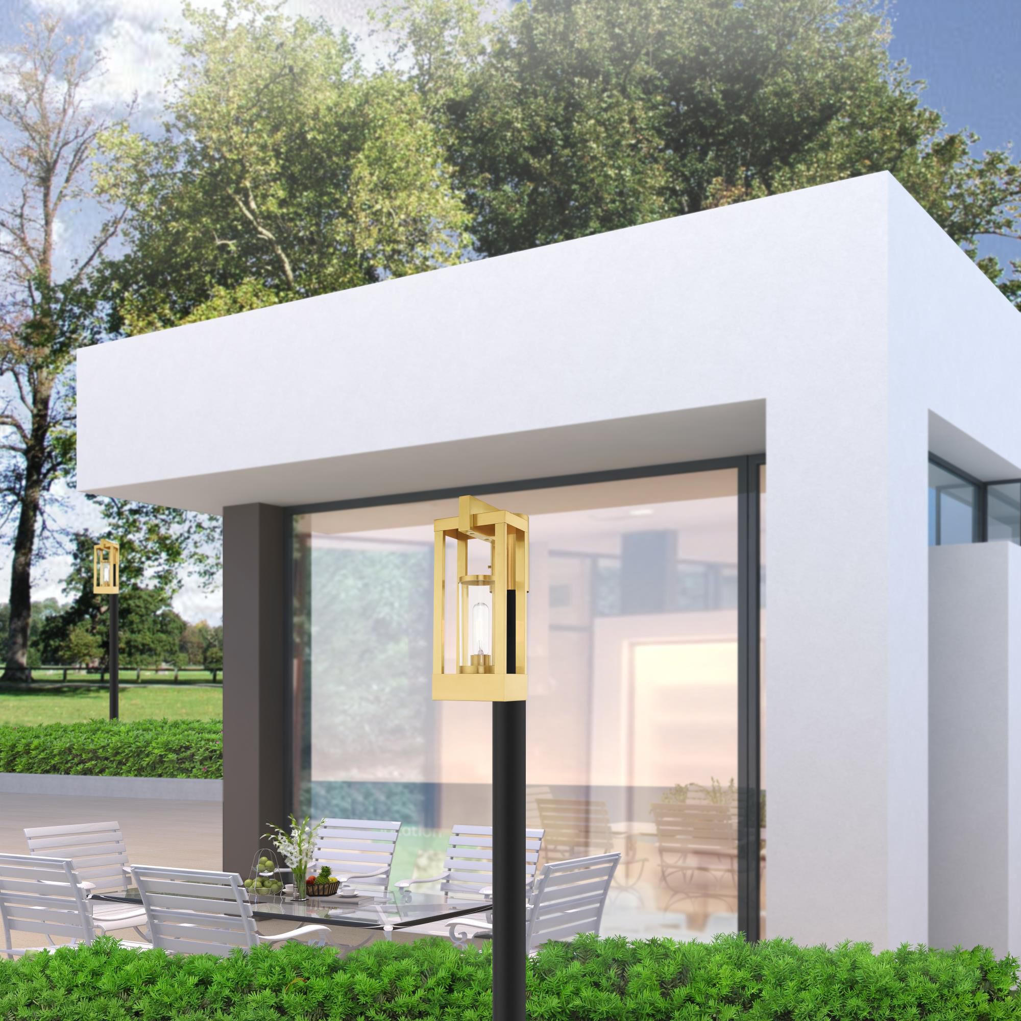 Shown in Satin Brass finish and Cylinder Clear glass