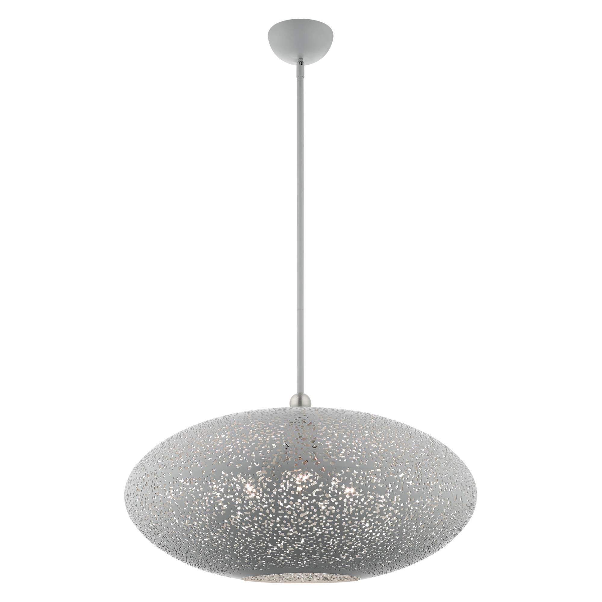 Shown in Nordic Gray With Brushed Nickel Accents finish and Nordic Gray Filigreed Metal Shade With White Finish Inside glass and Nordic Gray Filigreed Metal  With White Finish Inside shade