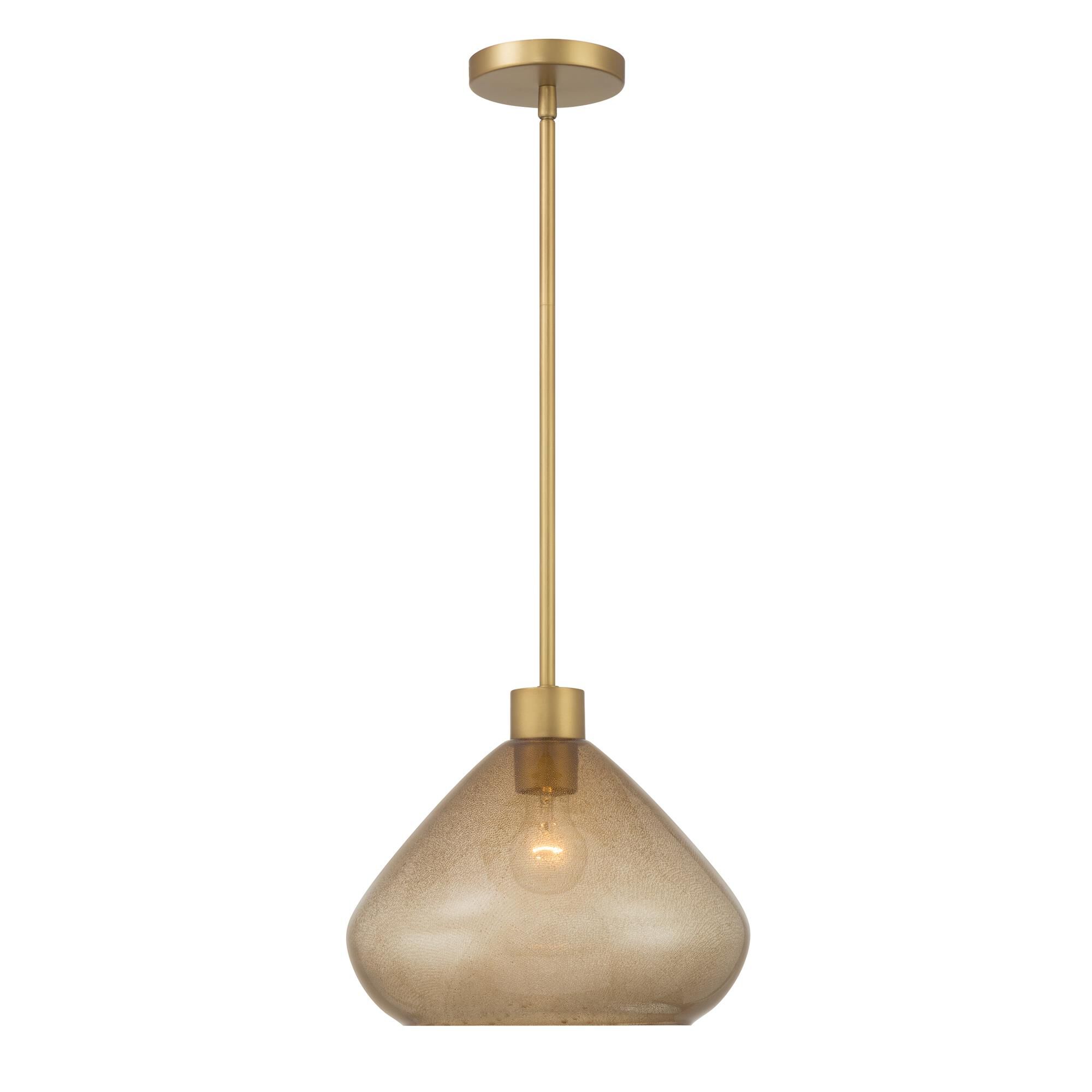 Shown in Legacy Brass finish and Brown Bubble glass
