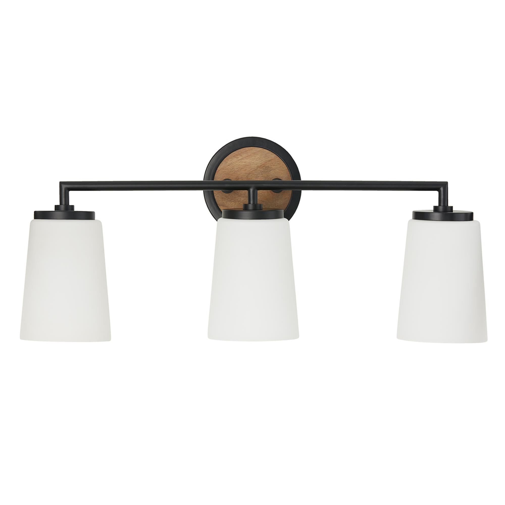 Shown in Light Wood And Matte Black finish and Soft White glass