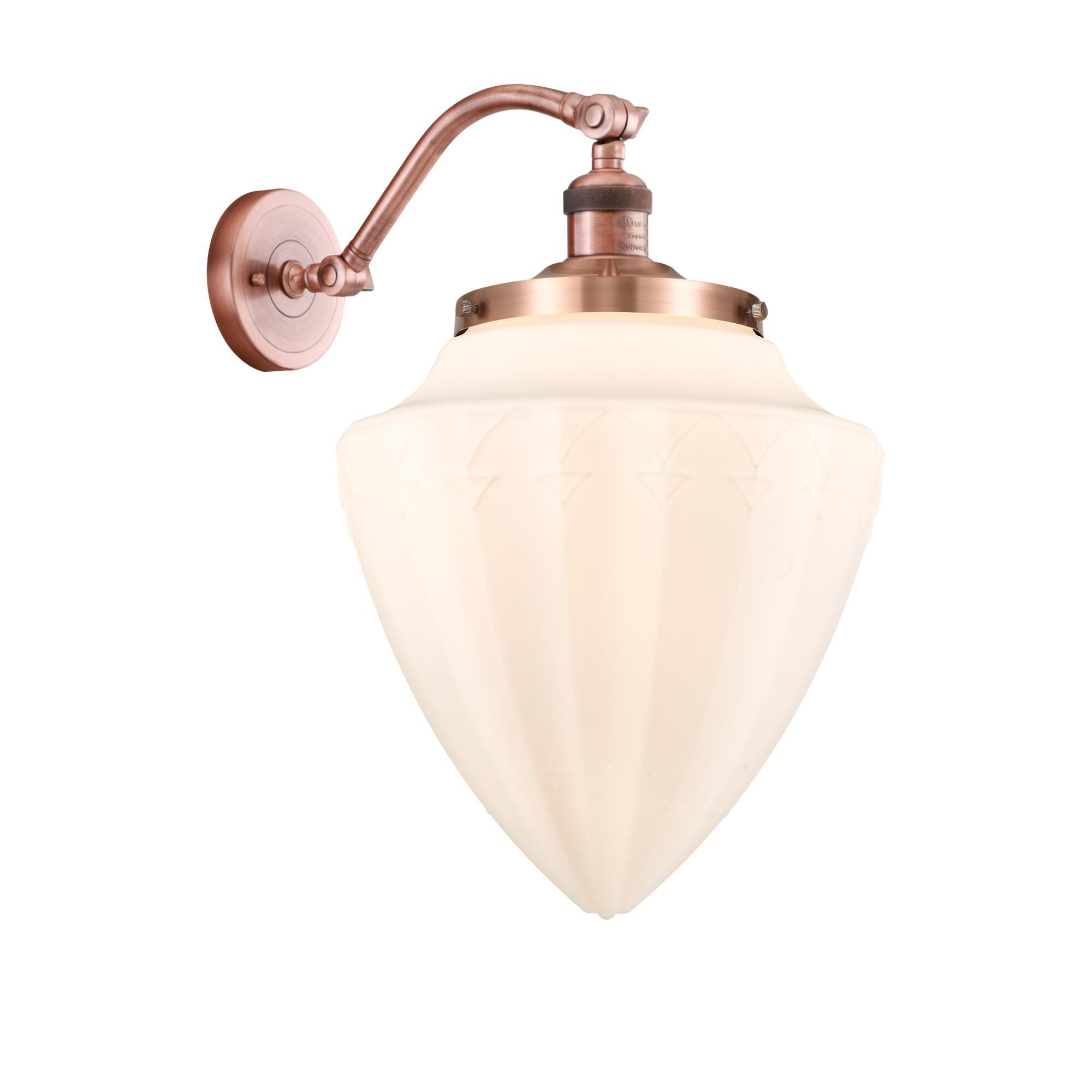 Shown in Antique Copper finish and Matte White glass