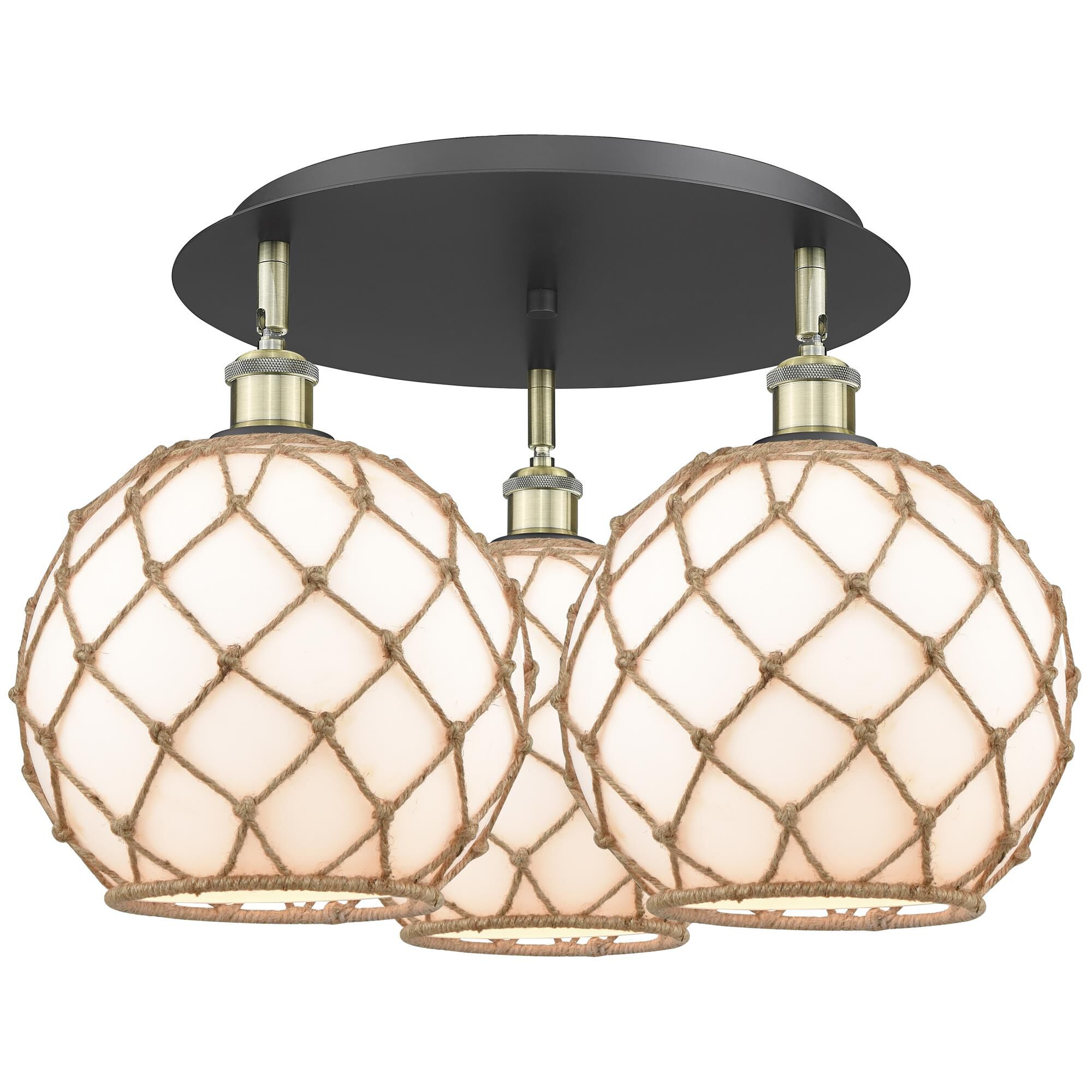 Shown in Black Antique Brass finish and White with Brown Rope glass
