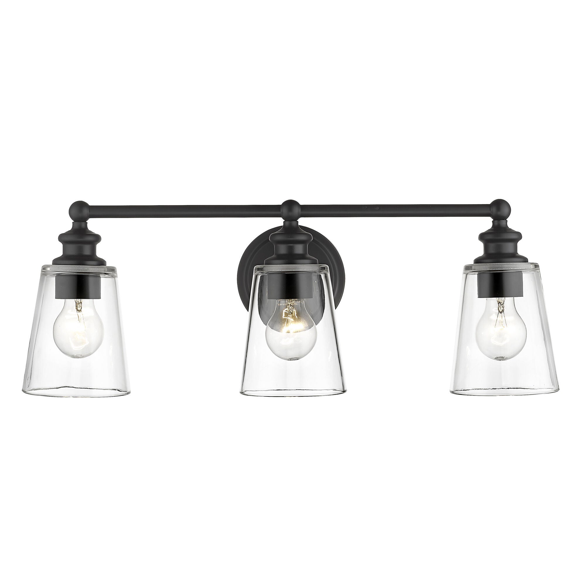 Shown in Matte Black finish and Clear glass and Clear, Cone Shaped Glass shade