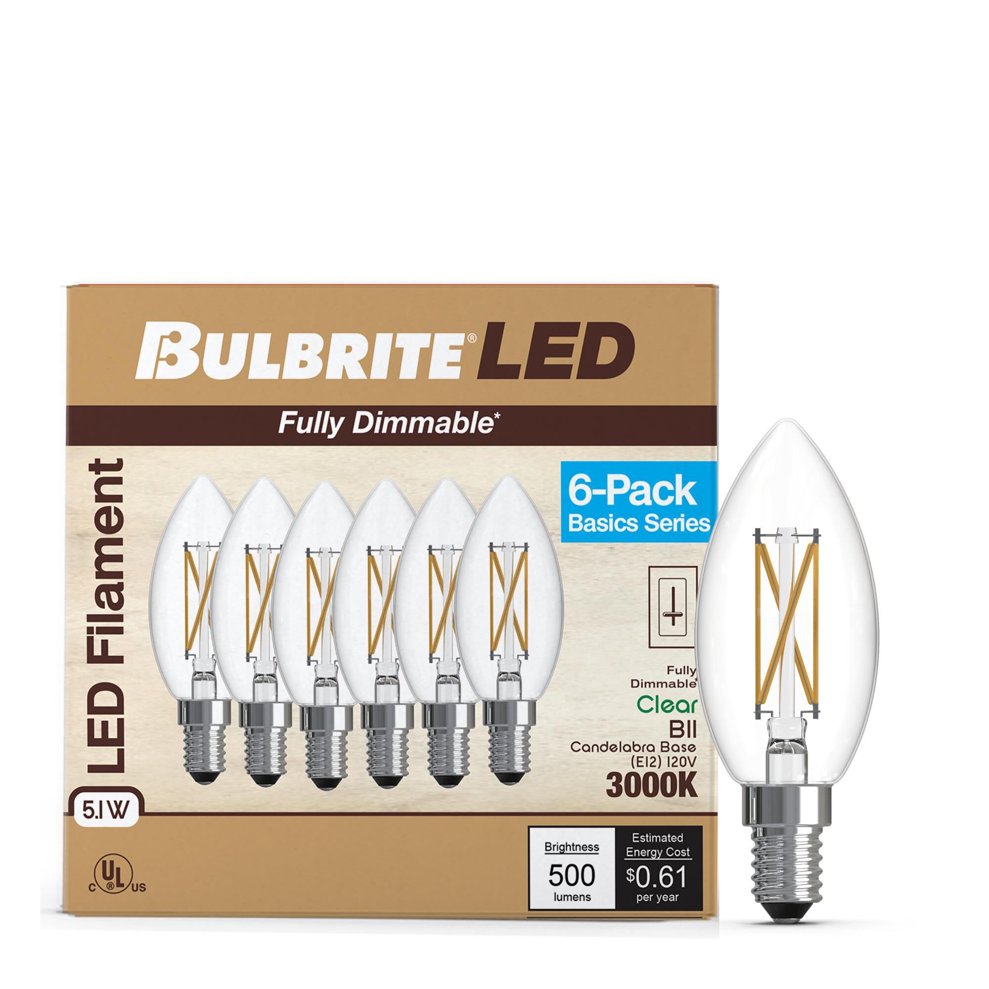 Clear B11 Base E12 3000K LED Light Bulb Pack of 6 by Bulbrite