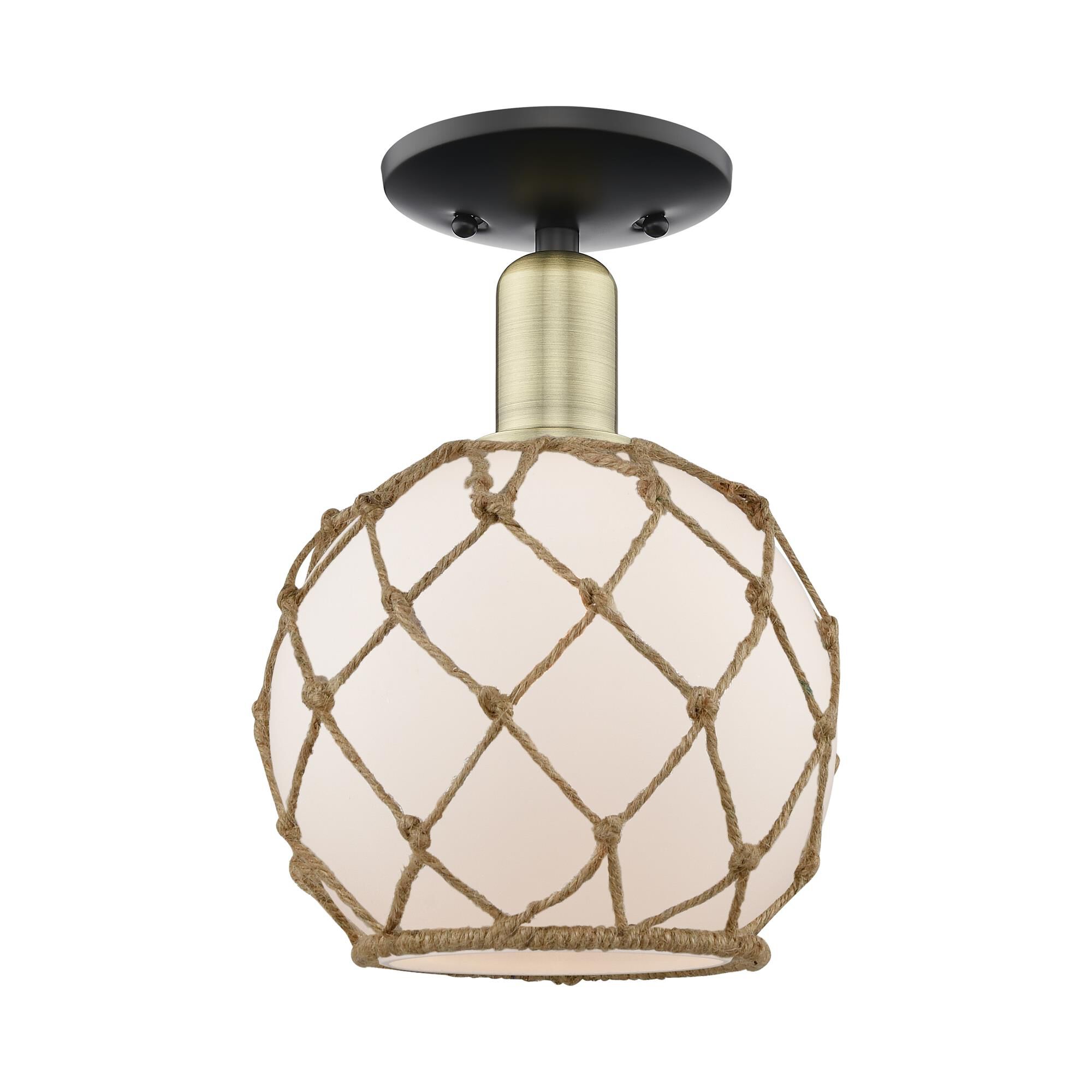 Shown in Black Antique Brass finish and White with Brown Rope glass