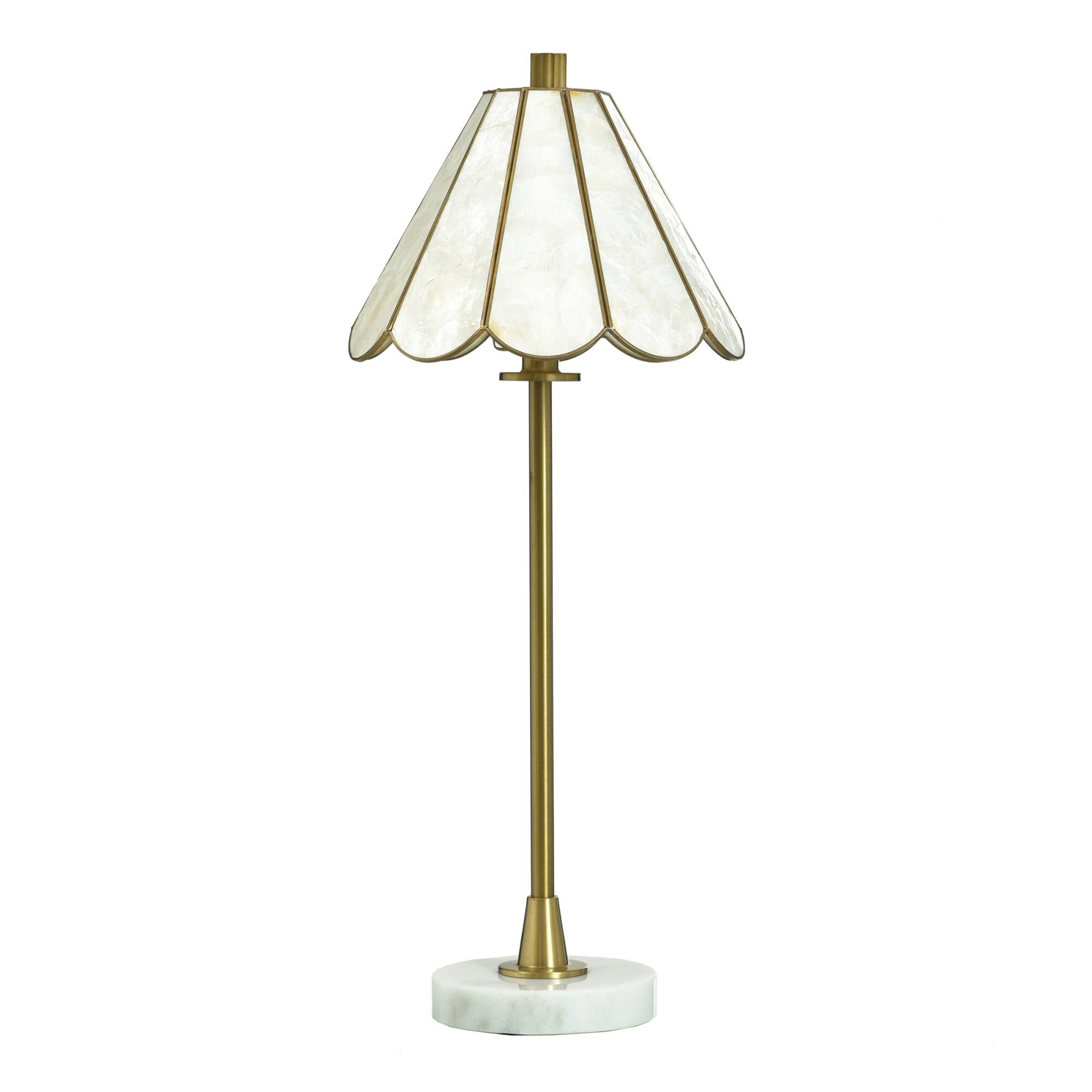 Shown in White Marble and Polished Brass finish and Brass, Capiz shade
