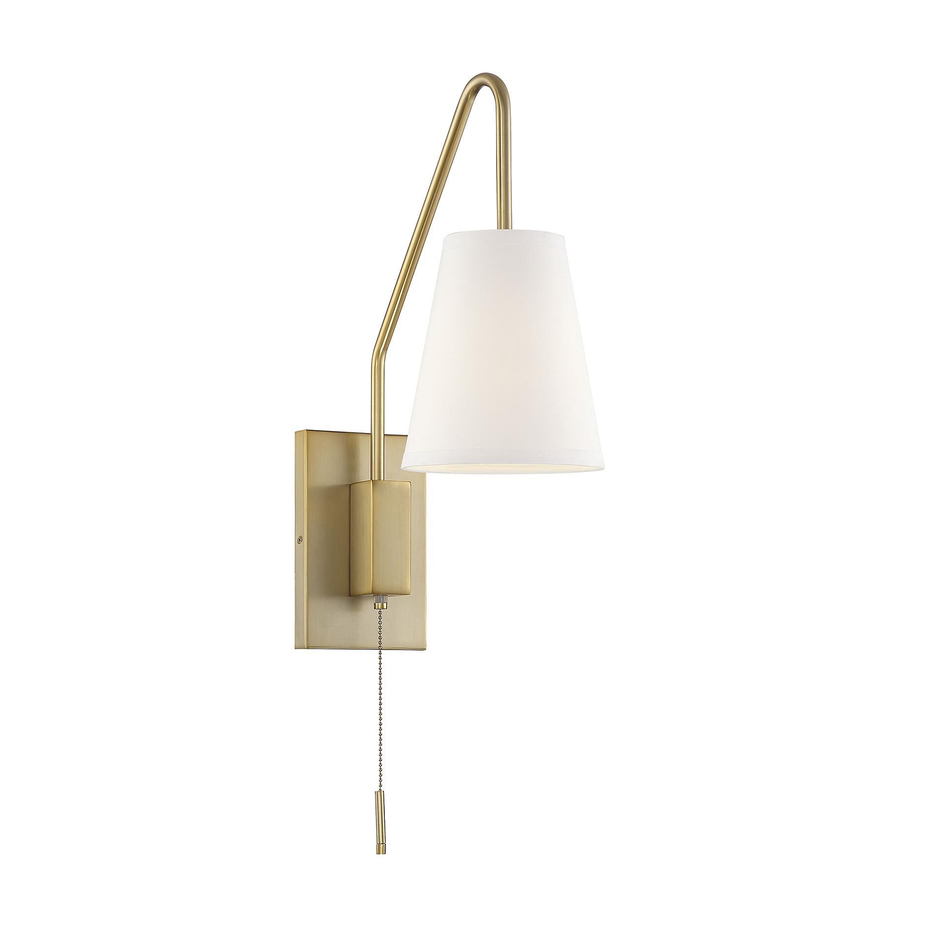 Shown in Warm Brass finish and White Fabric shade