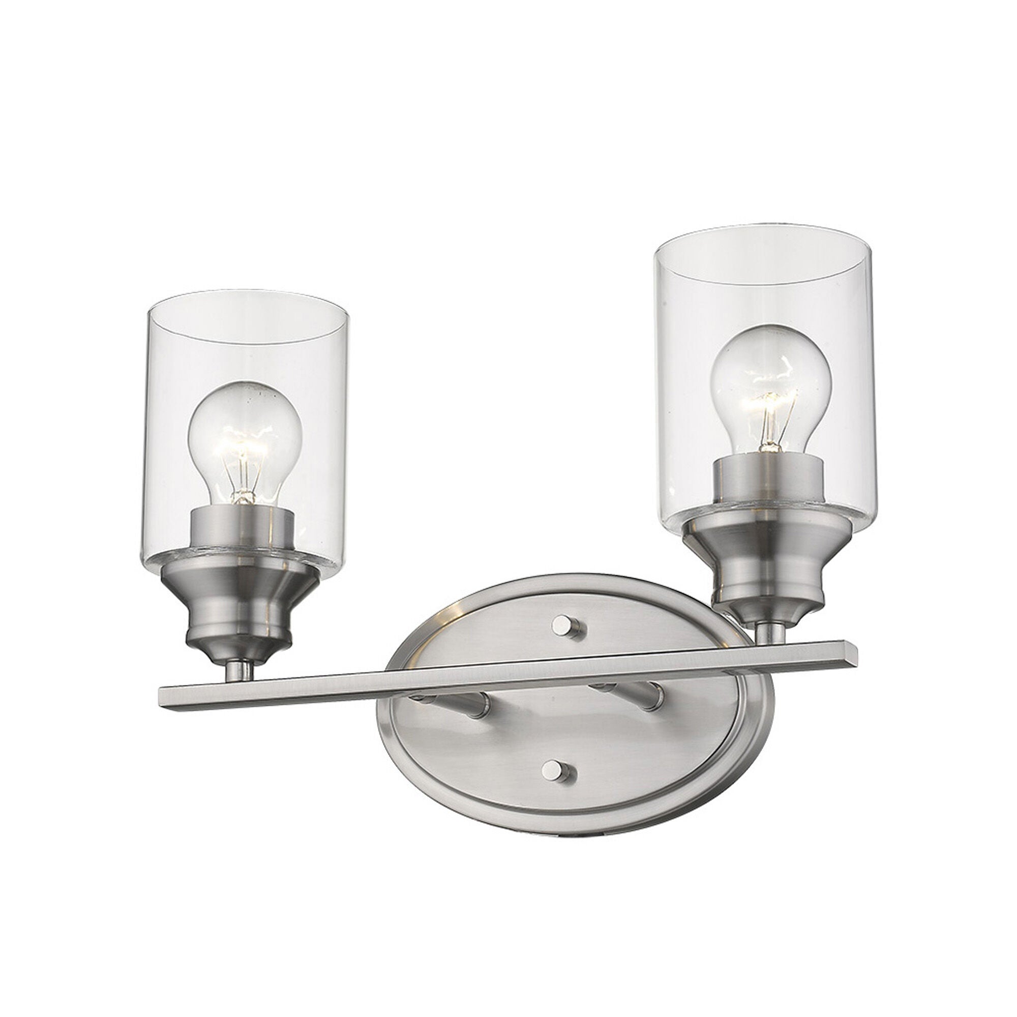Shown in Satin Nickel finish and Clear glass and Clear, Cylindrical Glass s shade