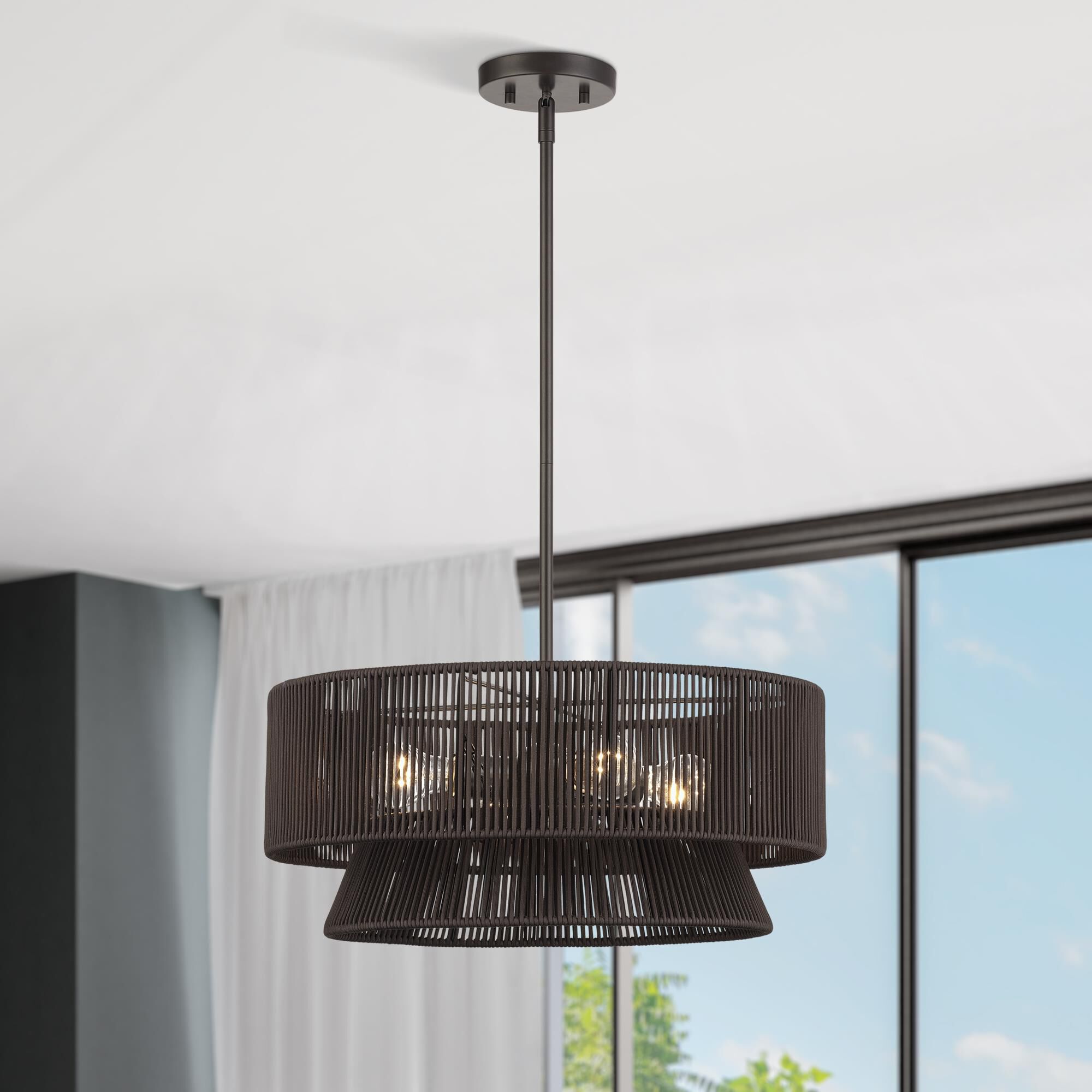 Shown in English Bronze finish and Hand-Woven Dark Chocolate Color Polyester Rope shade