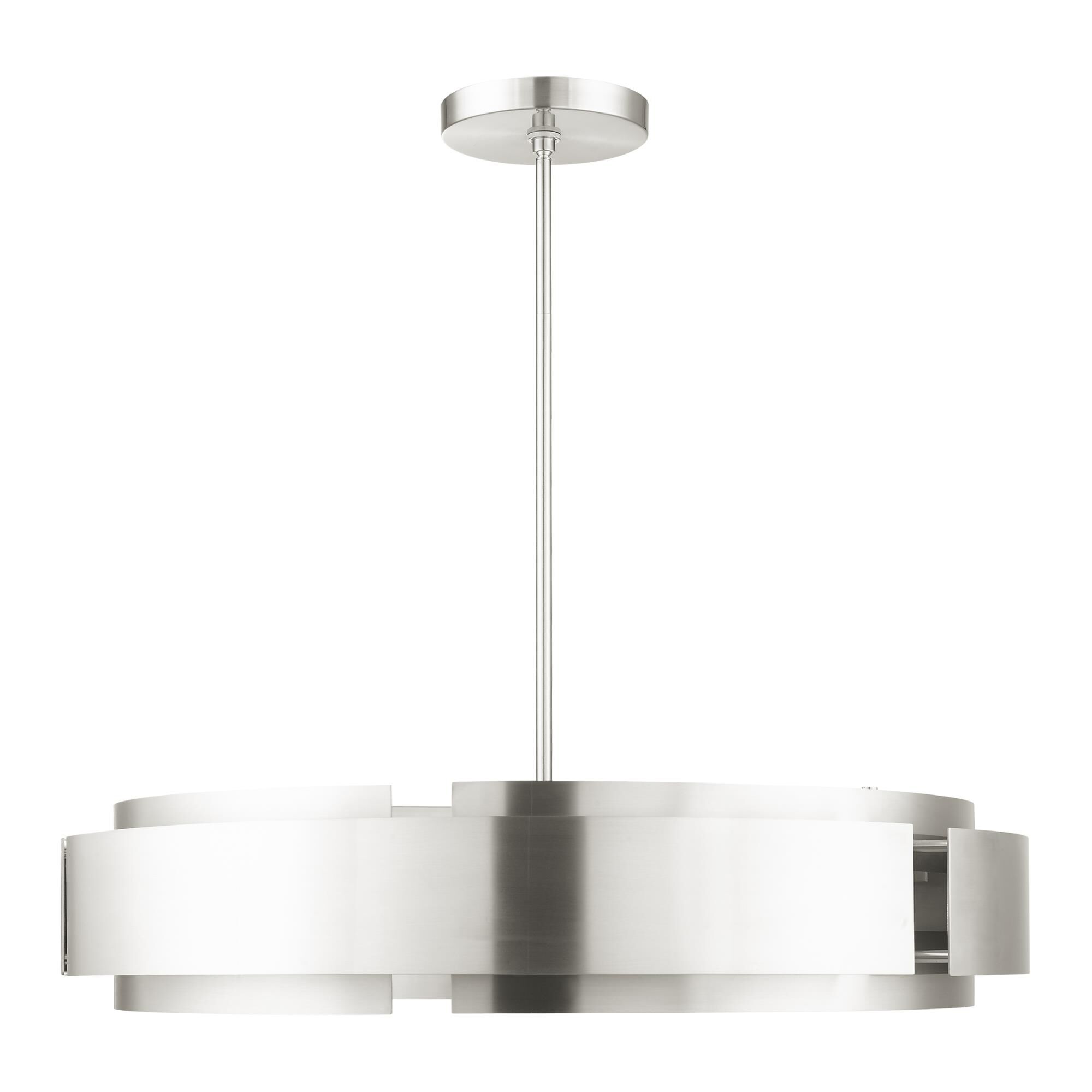 Shown in Brushed Nickel finish and Brushed Nickel Drum Shade glass and Brushed Nickel Drum shade