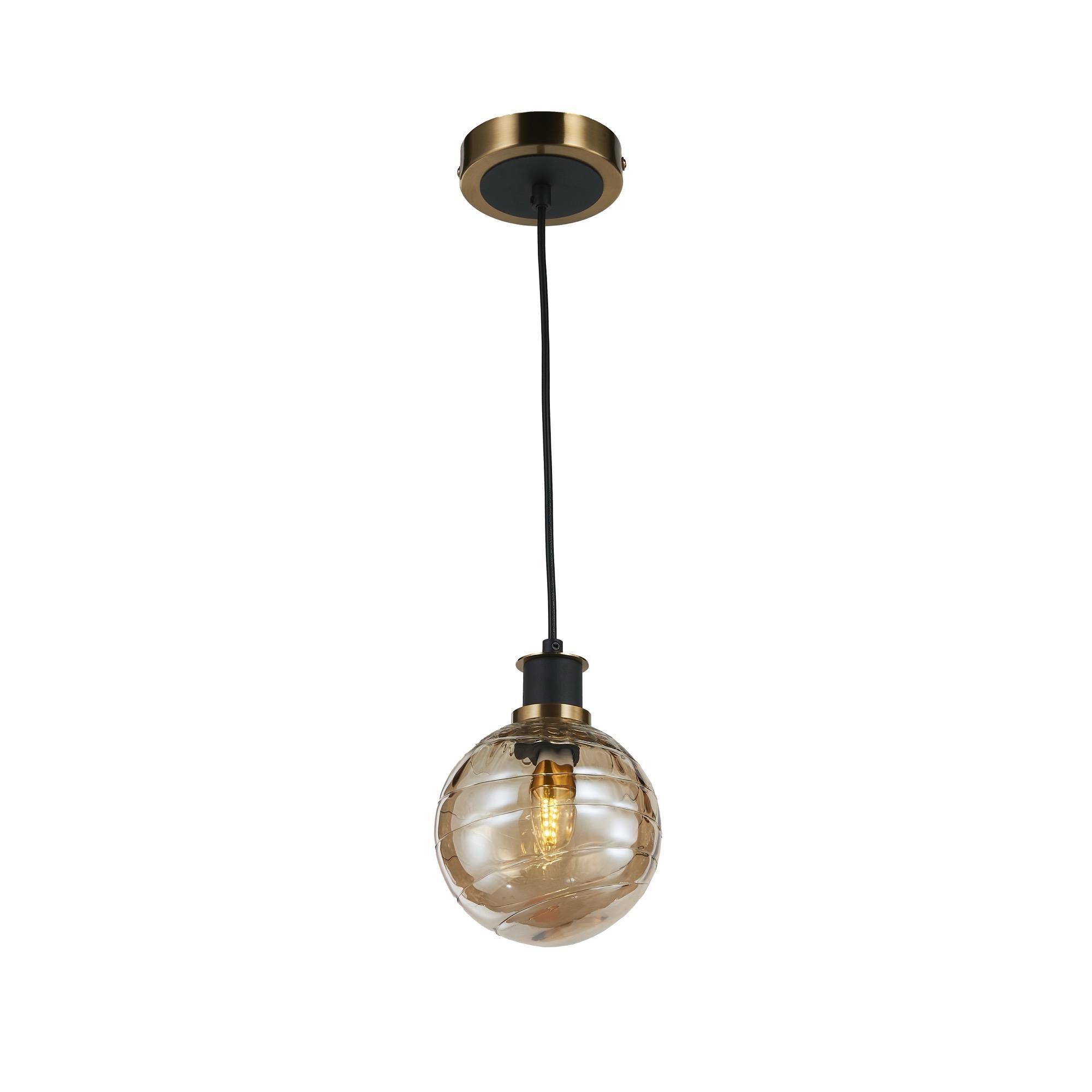 Shown in Black and Brushed Brass finish and Amber glass