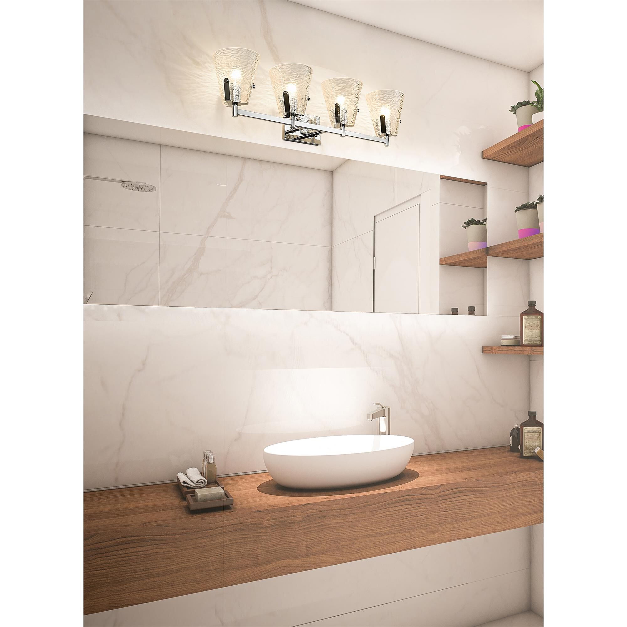 Shown in Chrome finish and Clear Ribbed glass