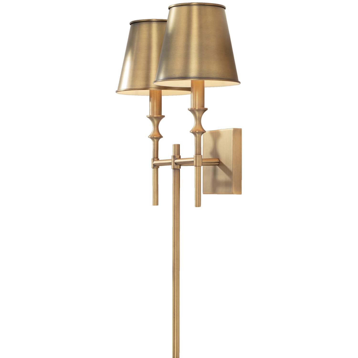 Shown in Aged Brass finish and Aged Brass Metal Stay-Straight  with White Interior shade