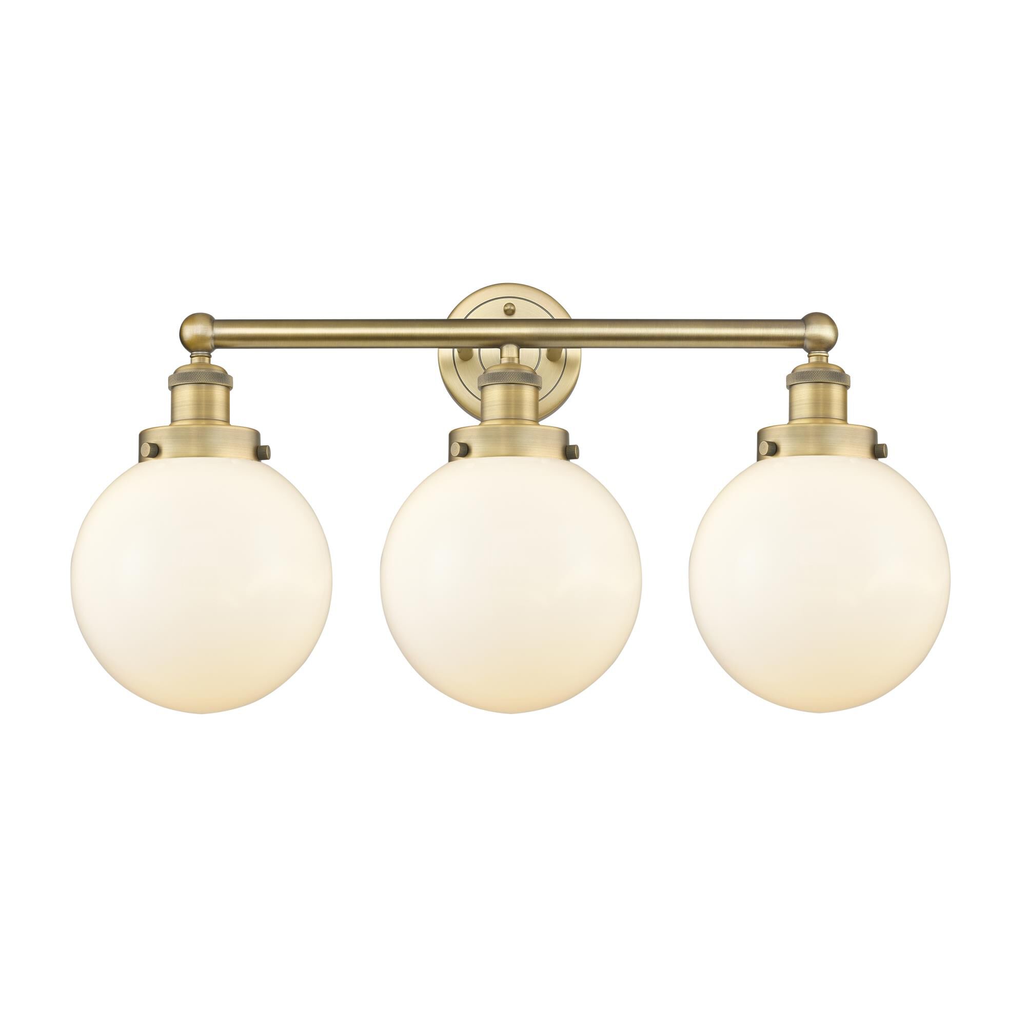 Shown in Brushed Brass finish and Matte White glass