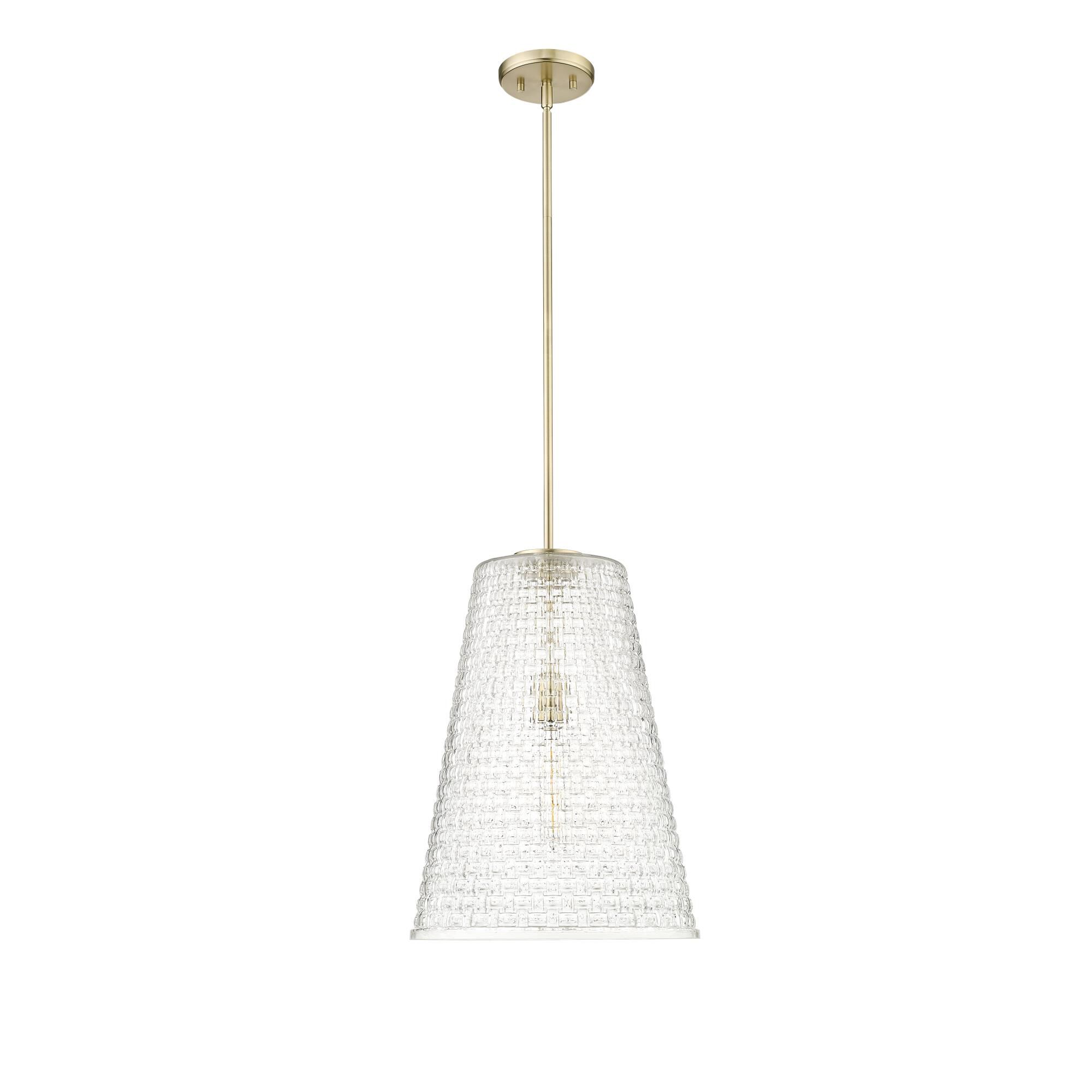 Shown in Modern Gold finish and Rattan Lattice Clear shade