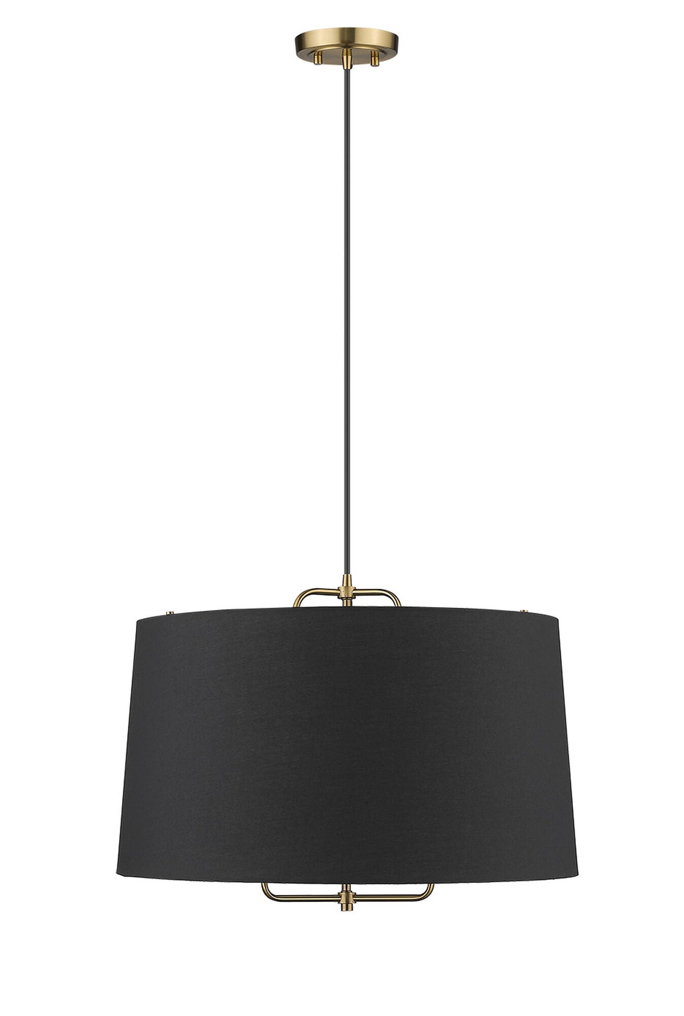 Shown in Gold finish and Matte Black glass and Black Hardback Linen Drum shade