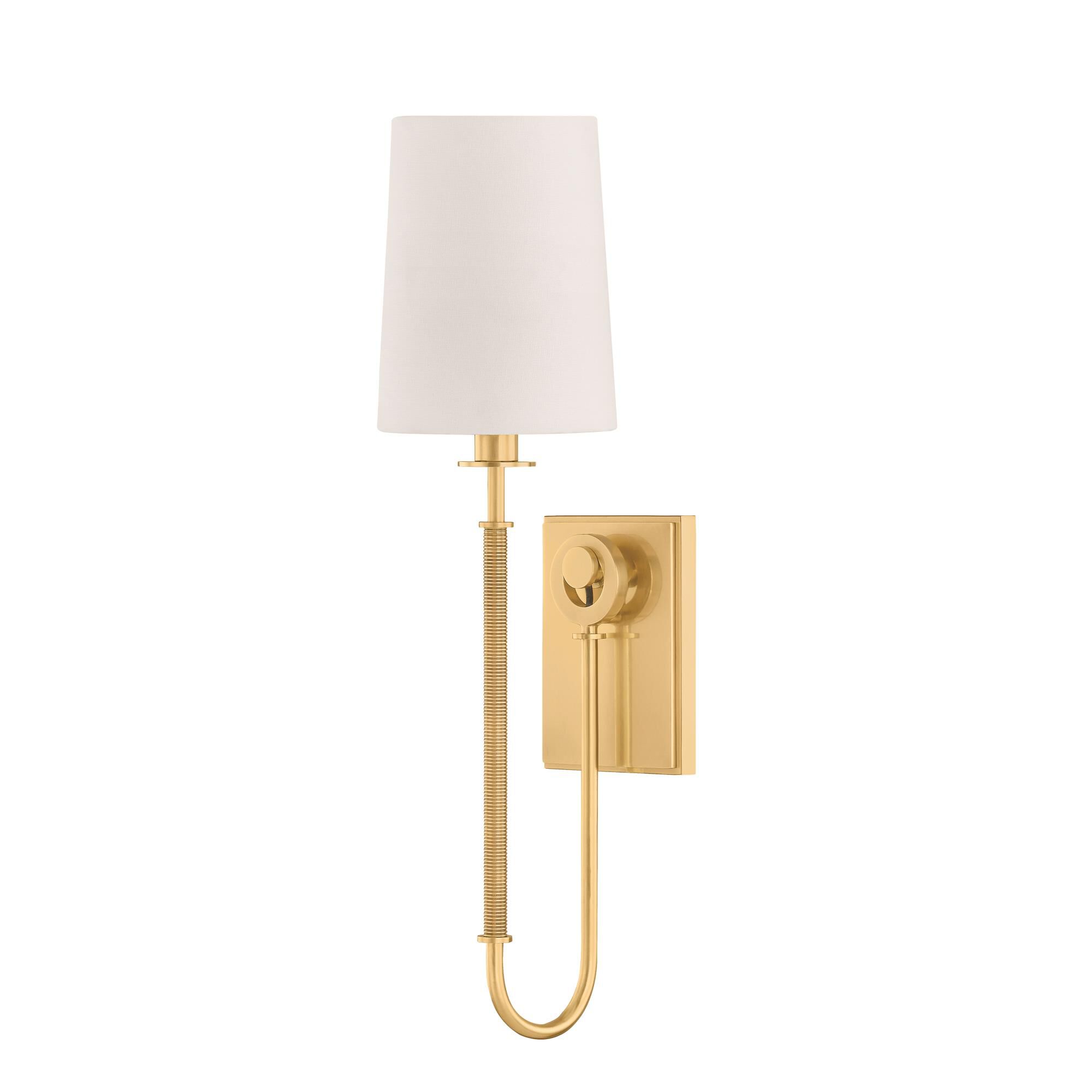 Shown in Aged Brass finish and White Linen shade