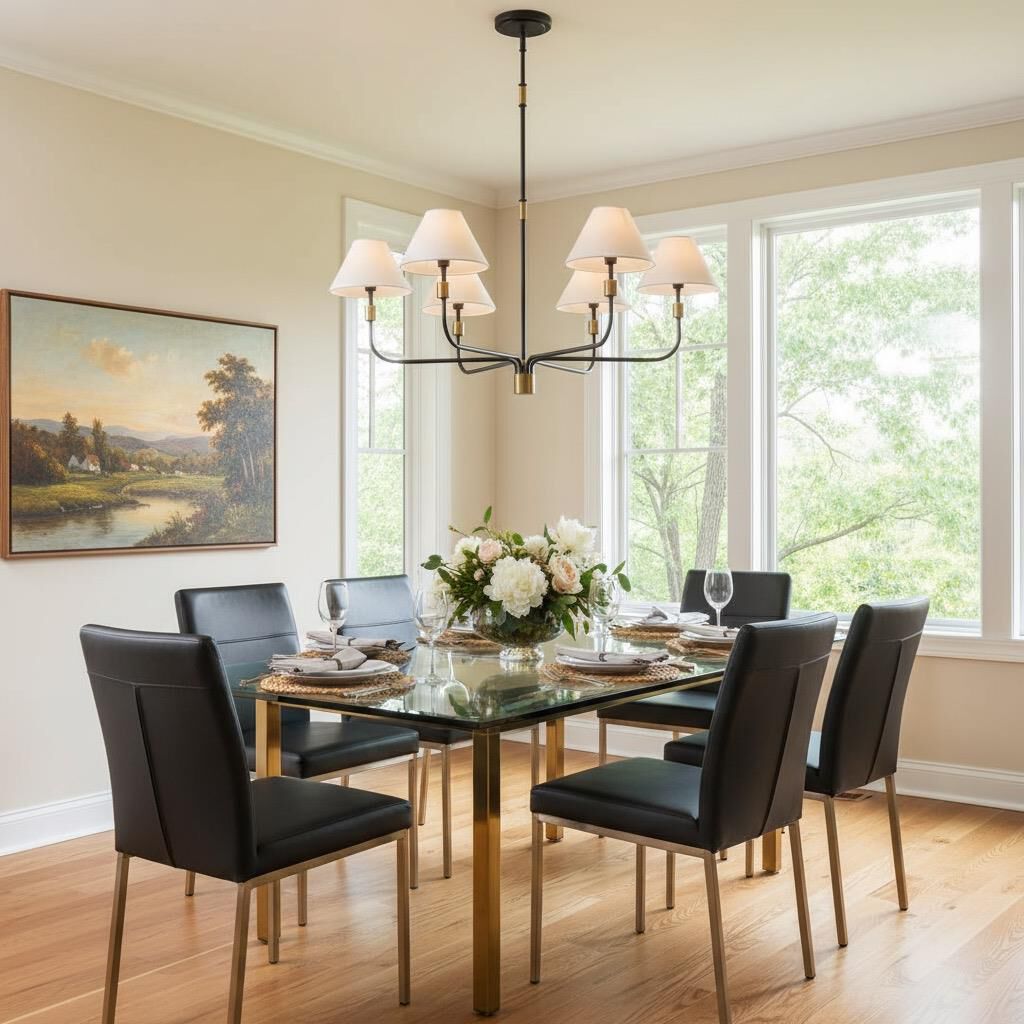 Shown in Black and Brushed Brass finish and Hardback Linen Fabric shade