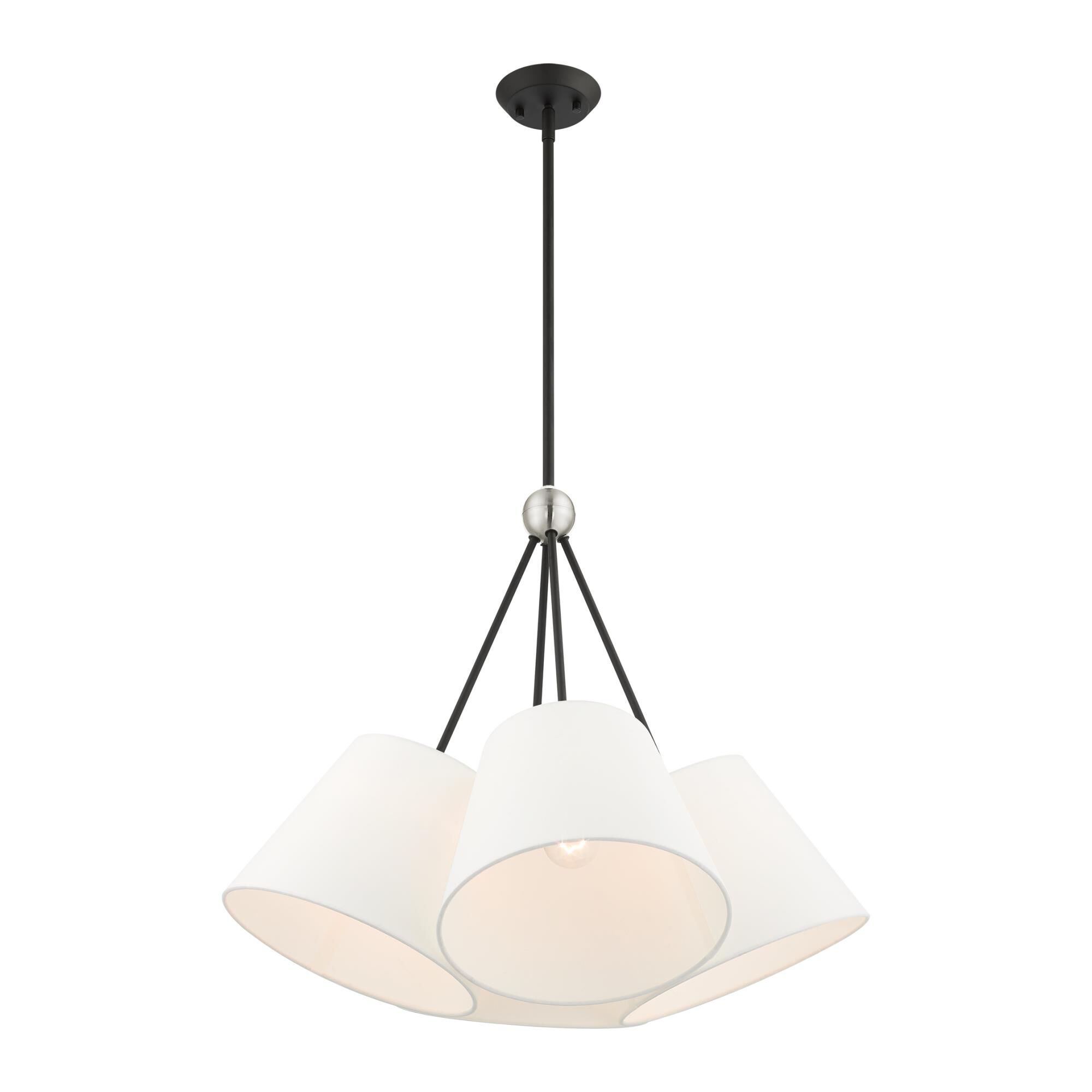 Shown in Black finish and Hand Crafted Off White Fabric Hardback Shade glass and Hand Crafted Off White Fabric Hardback shade