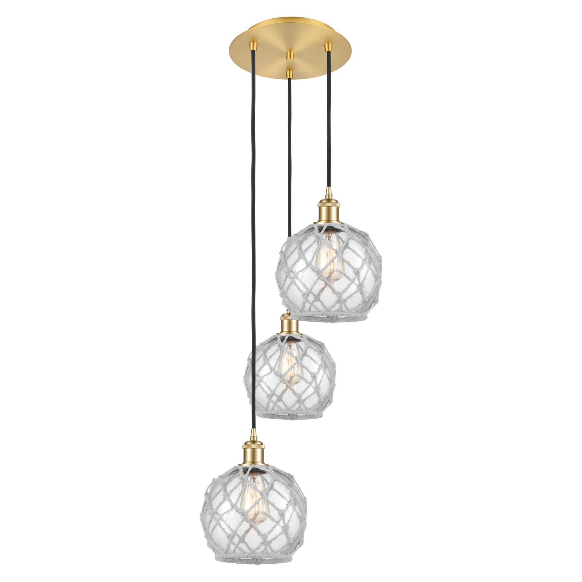 Shown in Satin Gold finish and Clear with White Rope glass