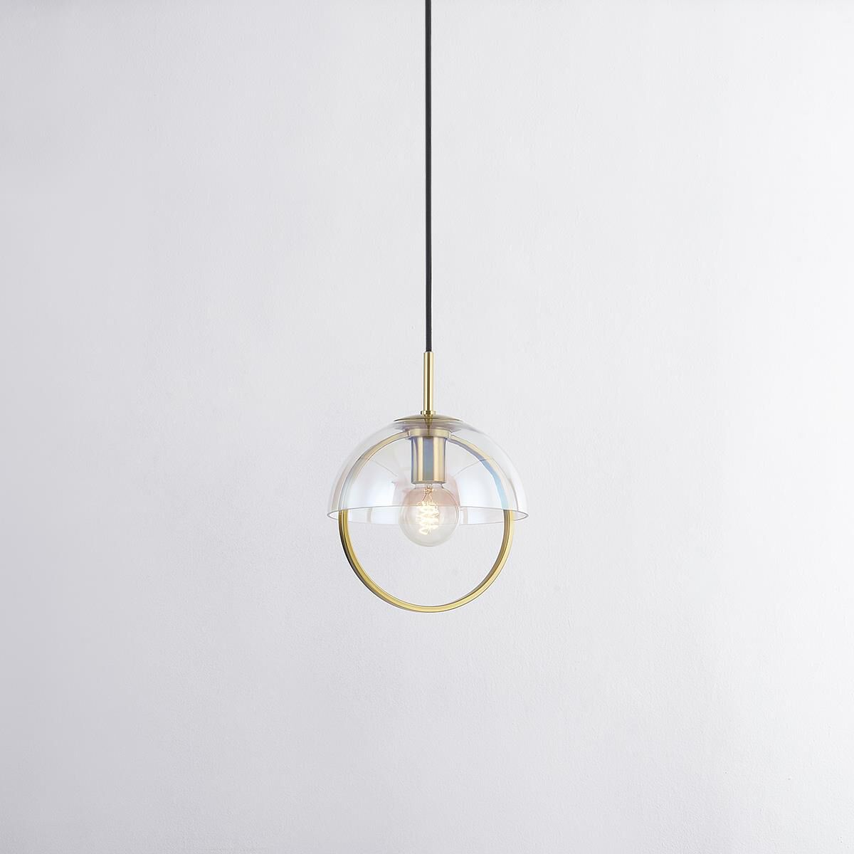 Shown in Aged Brass finish and Clear Plated Light Iridescent glass