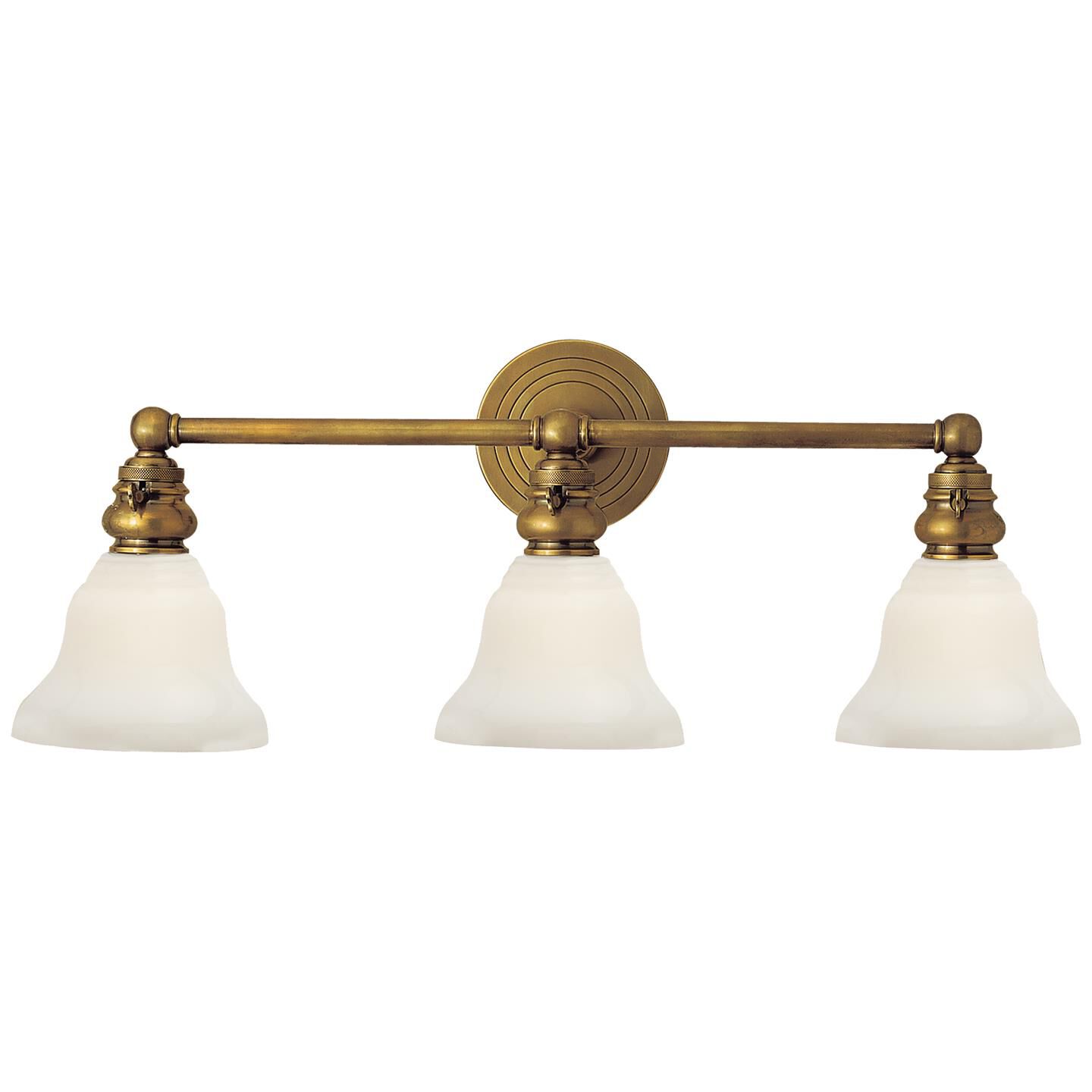 Shown in Hand-Rubbed Antique Brass finish and White glass