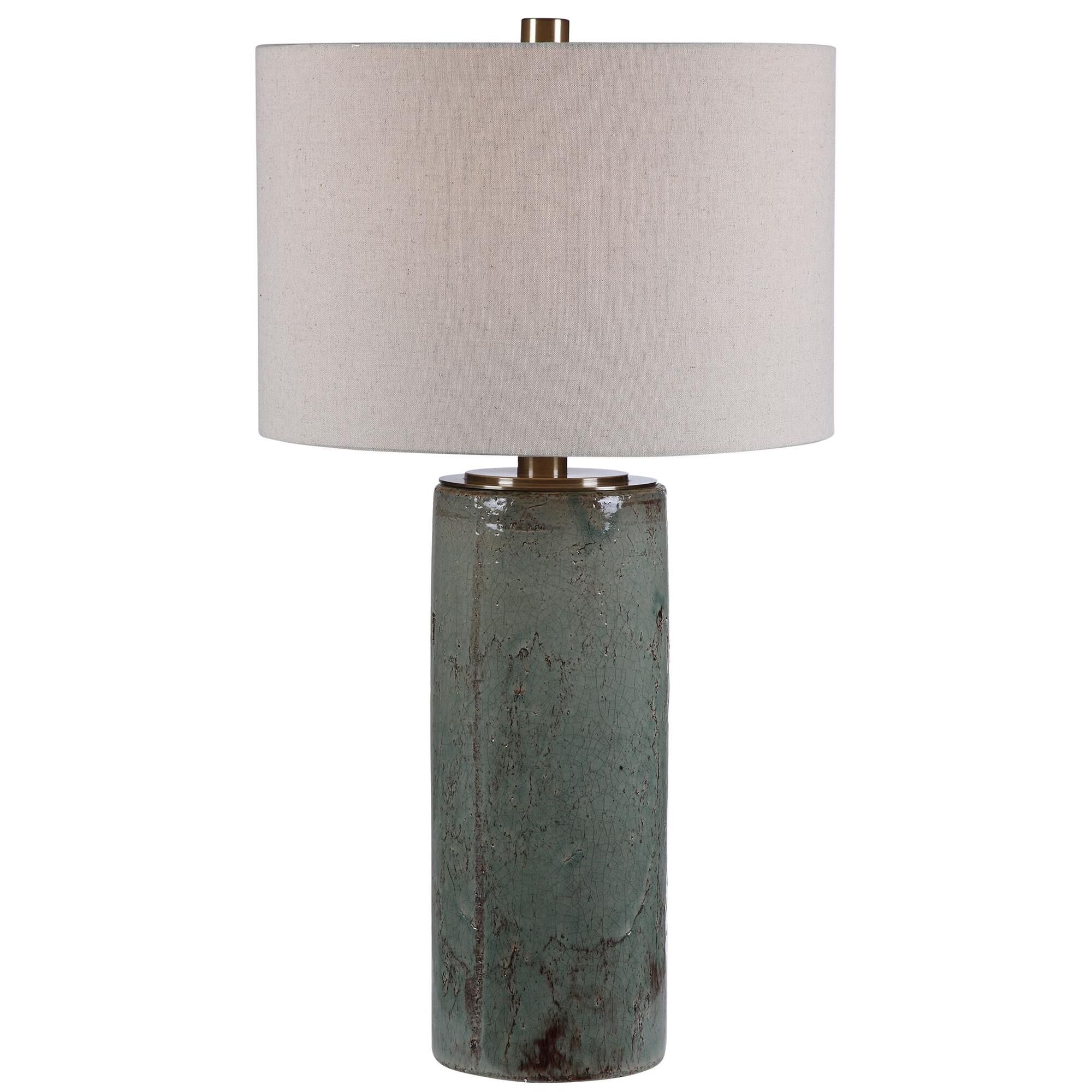 Shown in Ceramic Table Lamp Finished In A Crackled Aqua Blue Glaze With Dark Rustic Bronze Distressing, Accen finish and Round Hardback Drum shade