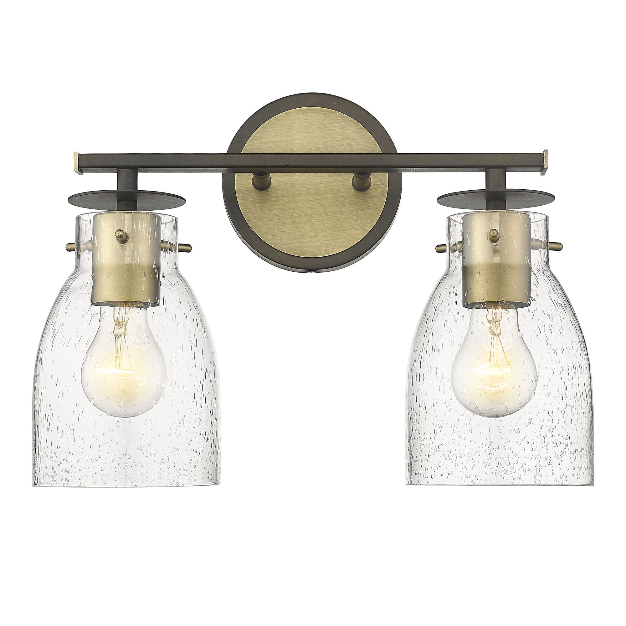 Shown in Oil Rubbed Bronze And Antique Brass finish and Clear Seedy Glass shade
