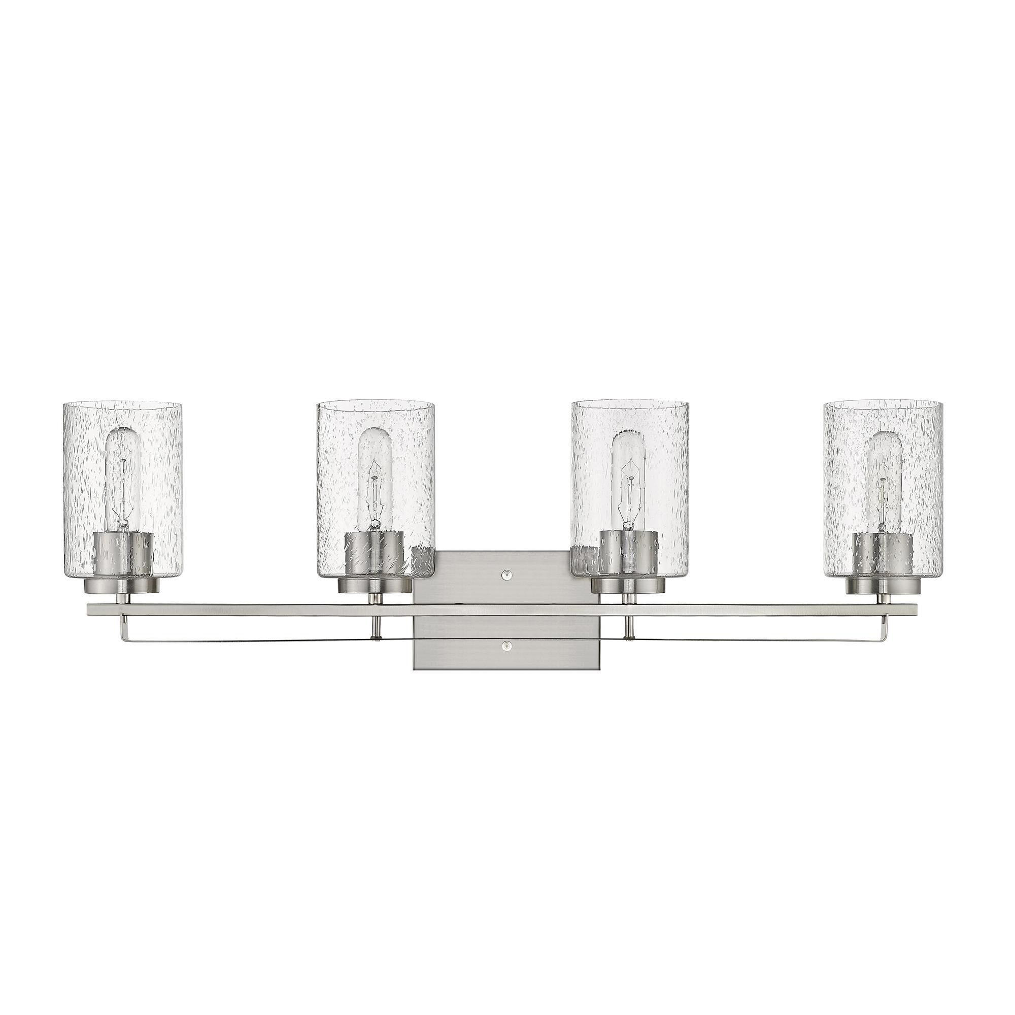 Shown in Satin Nickel finish and Clear glass and Clear, Seeded Cylindrical Glass s shade