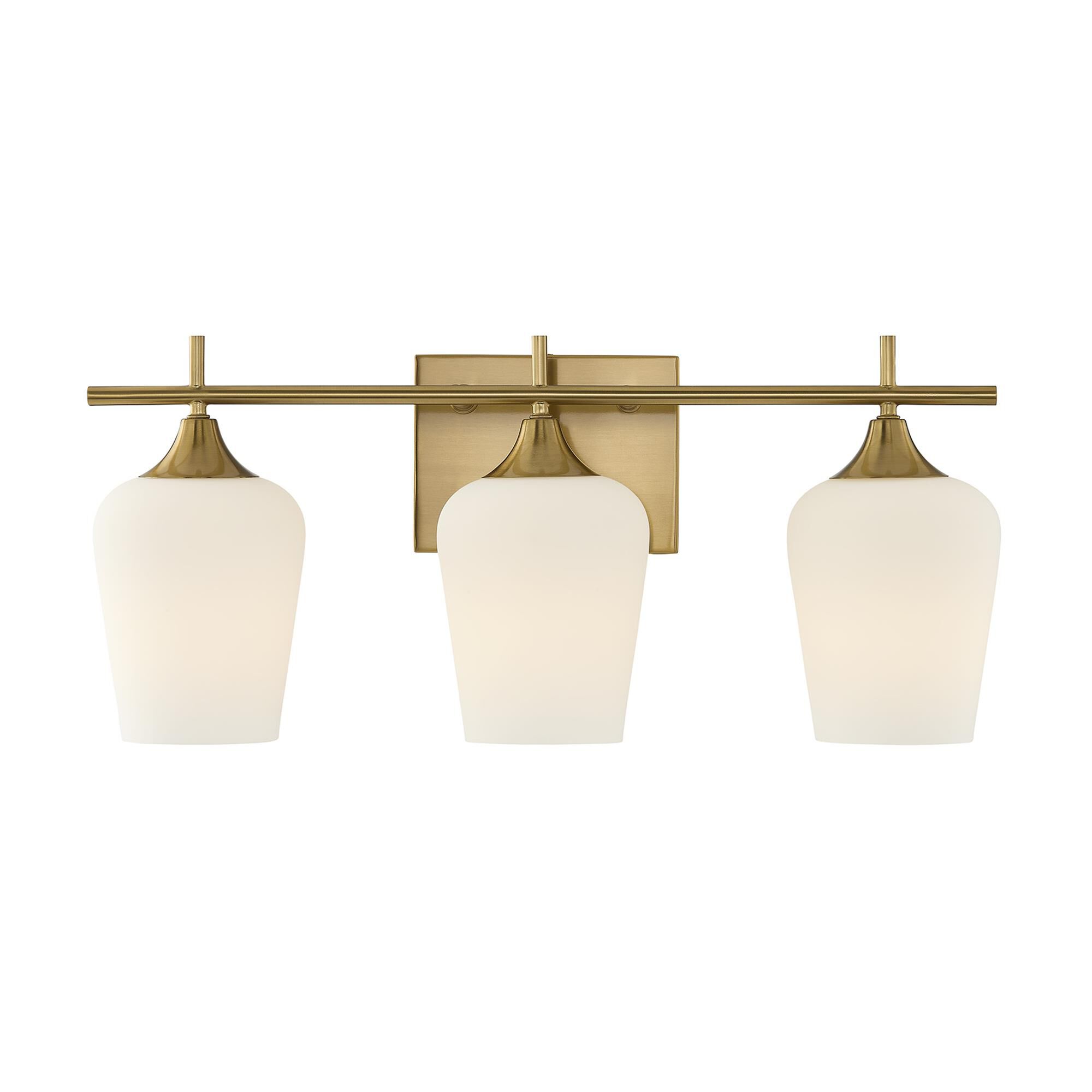Shown in Warm Brass finish and White Opal glass