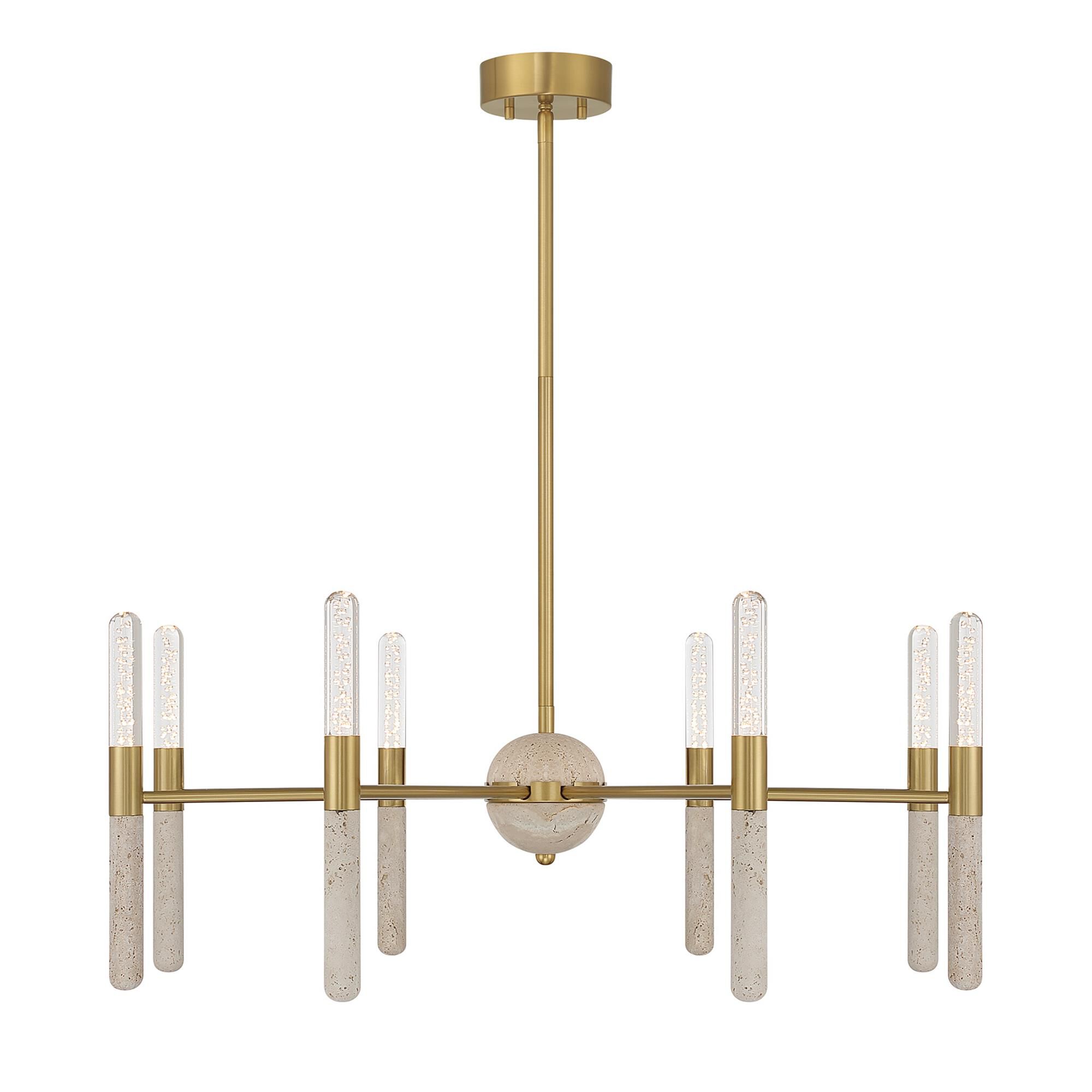 Shown in Warm Brass finish and Clear Seeded glass and Beige Travertine accent