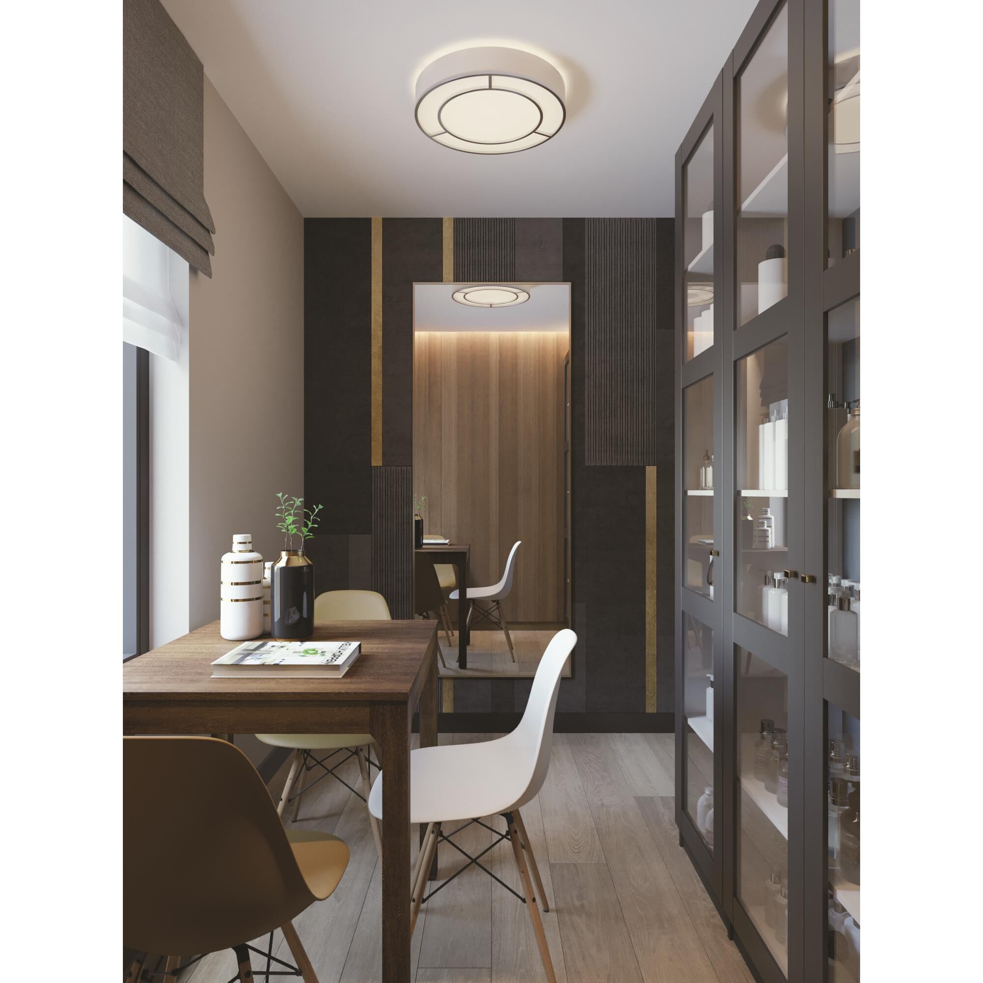 Shown in Satin Nickel finish and White, White Linen, Acrylic shade and No Accent accent