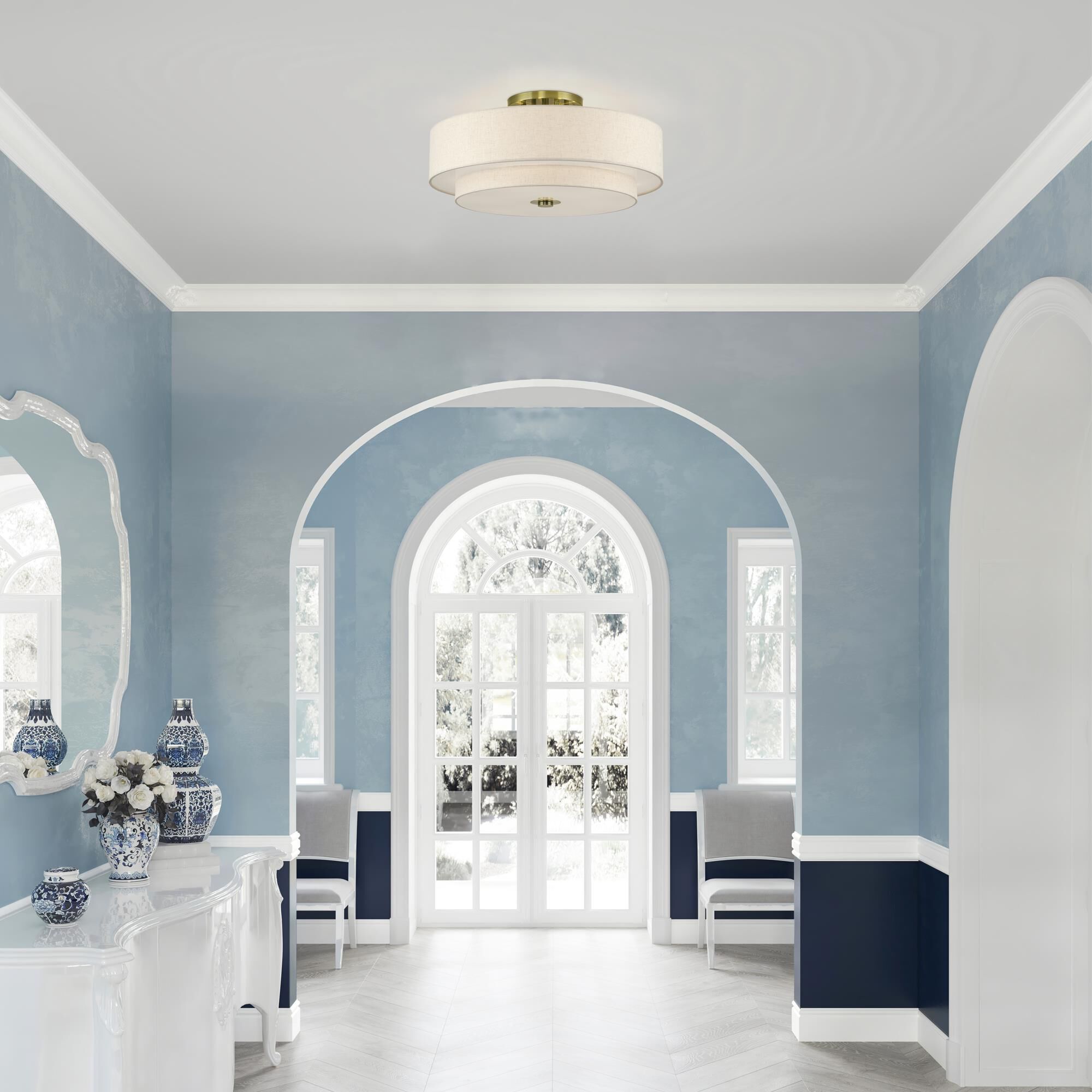 Shown in Antique Brass finish and Hand Crafted Oatmeal Color Fabric with White Color Inside shade