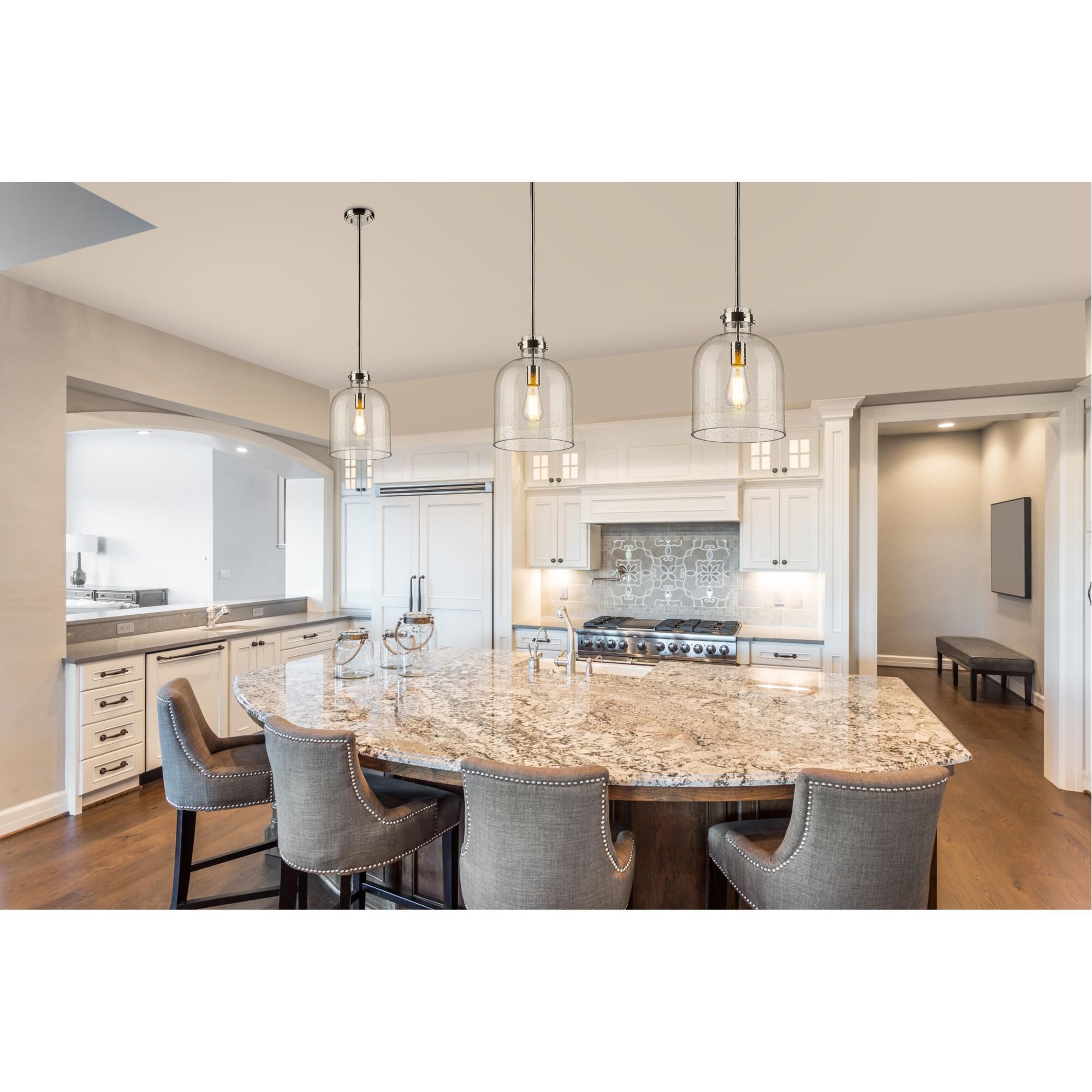 Shown in Brushed Nickel finish and Clear Seedy glass and No Shade shade