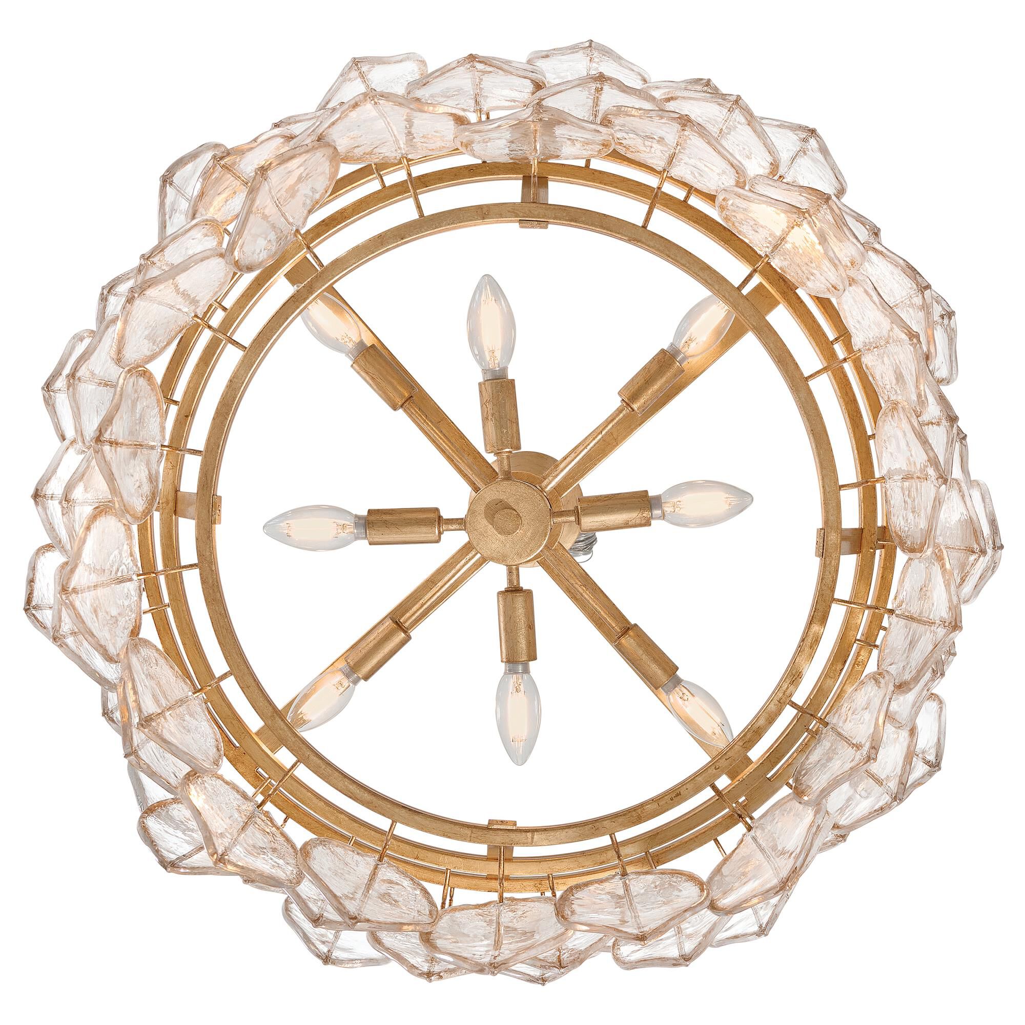 Shown in Distressed Brass finish and Clear Pressed glass