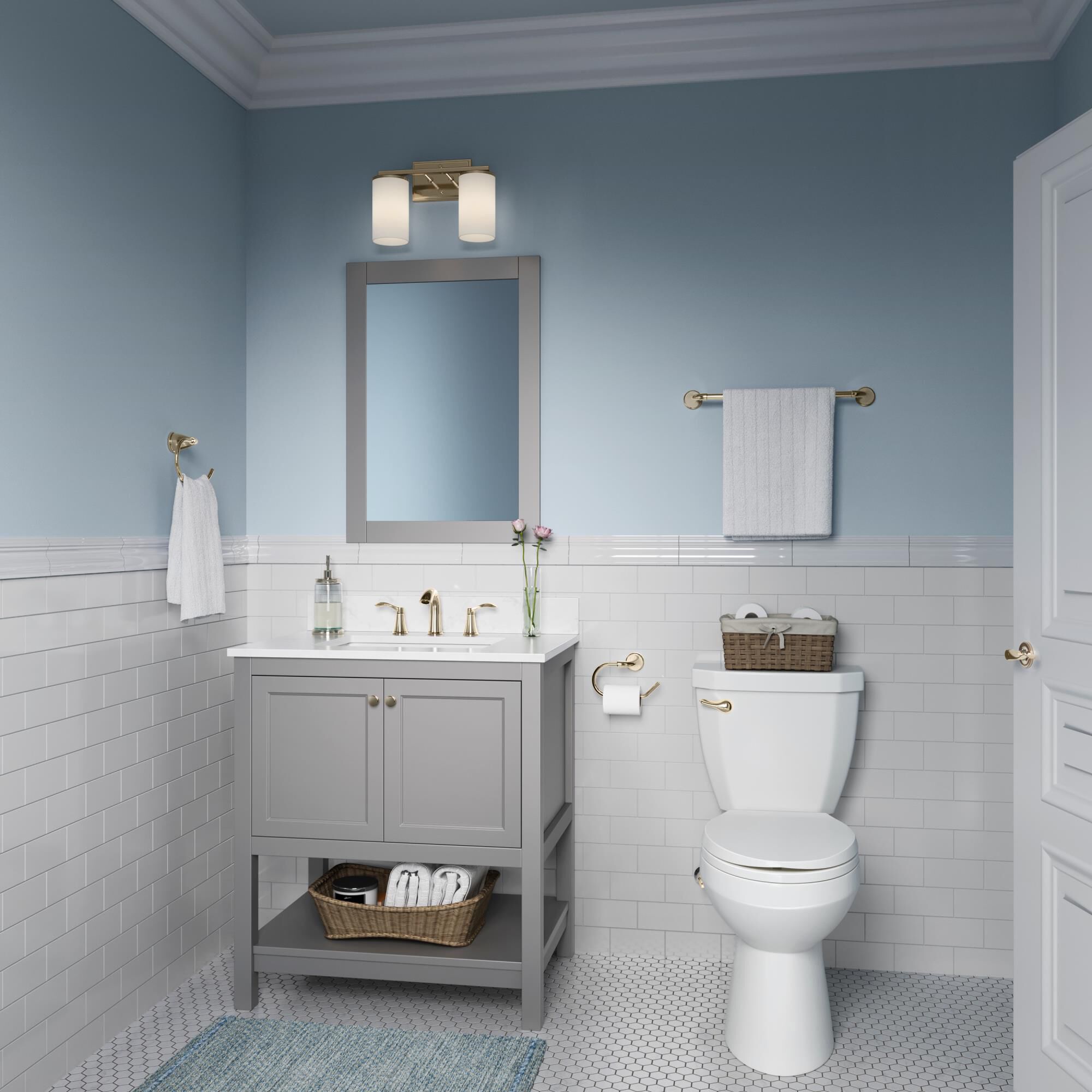 Shown in Modern Gold finish and Etched White glass