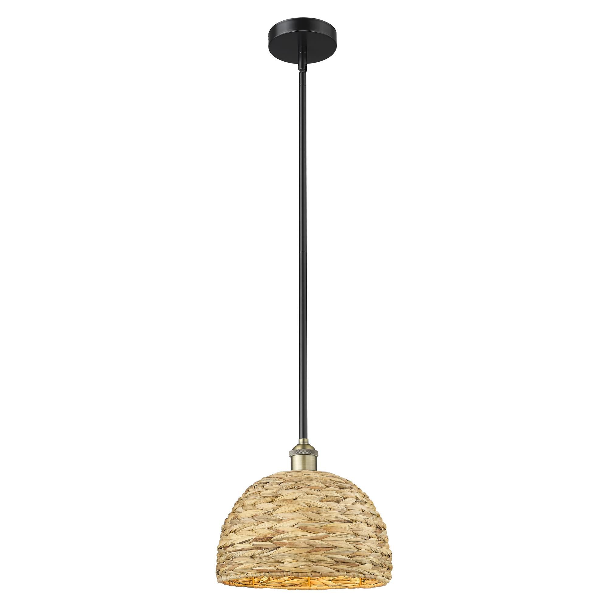 Shown in Black Antique Brass finish and Natural shade