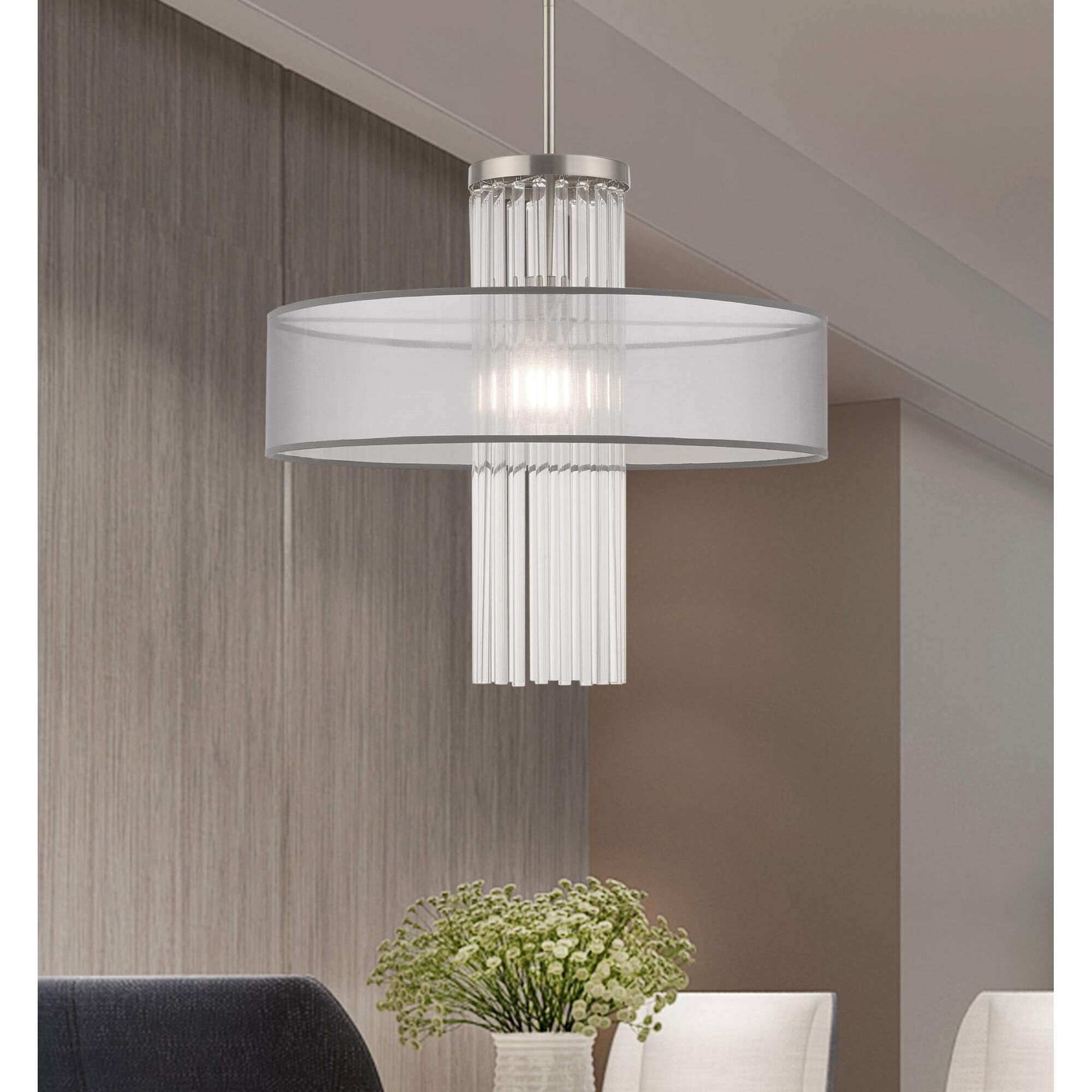 Shown in Brushed Nickel finish and Clear Crystal Rods with Hand Crafted Translucent Gray Fabric shade