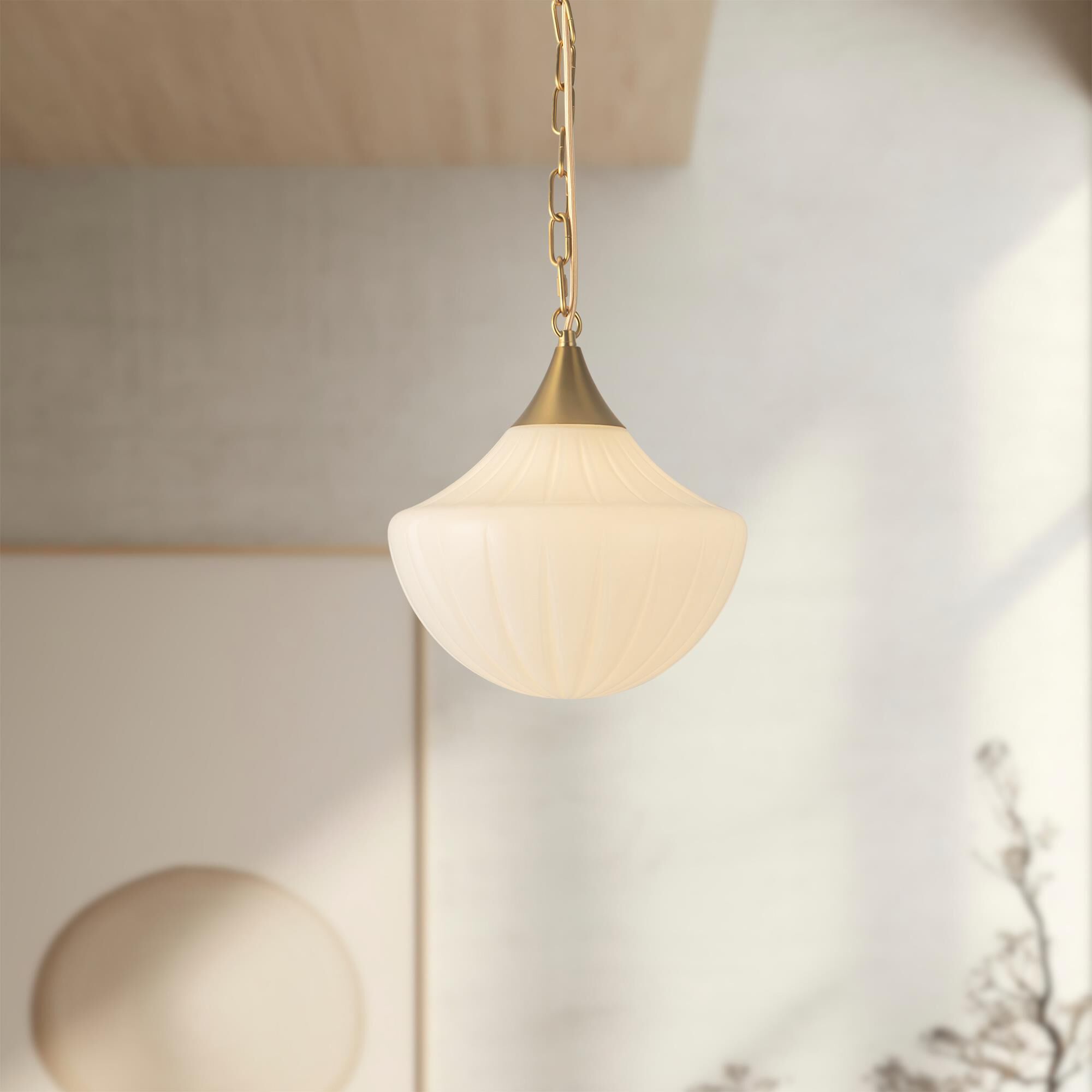 Shown in Brushed Gold finish and Glossy Ribbed Opal glass