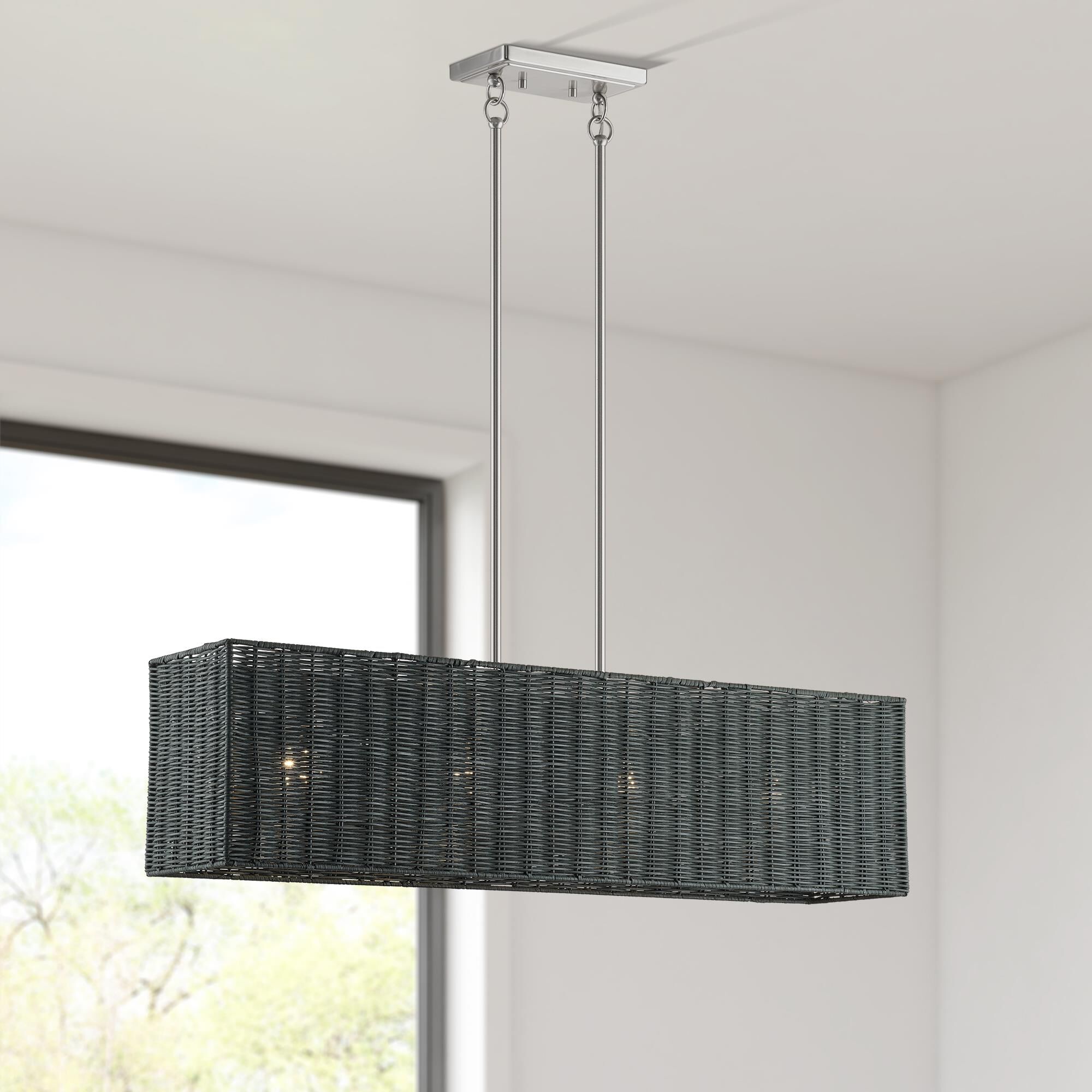 Shown in Brushed Nickel finish and Hand-Woven Charred Gray Color Rattan shade