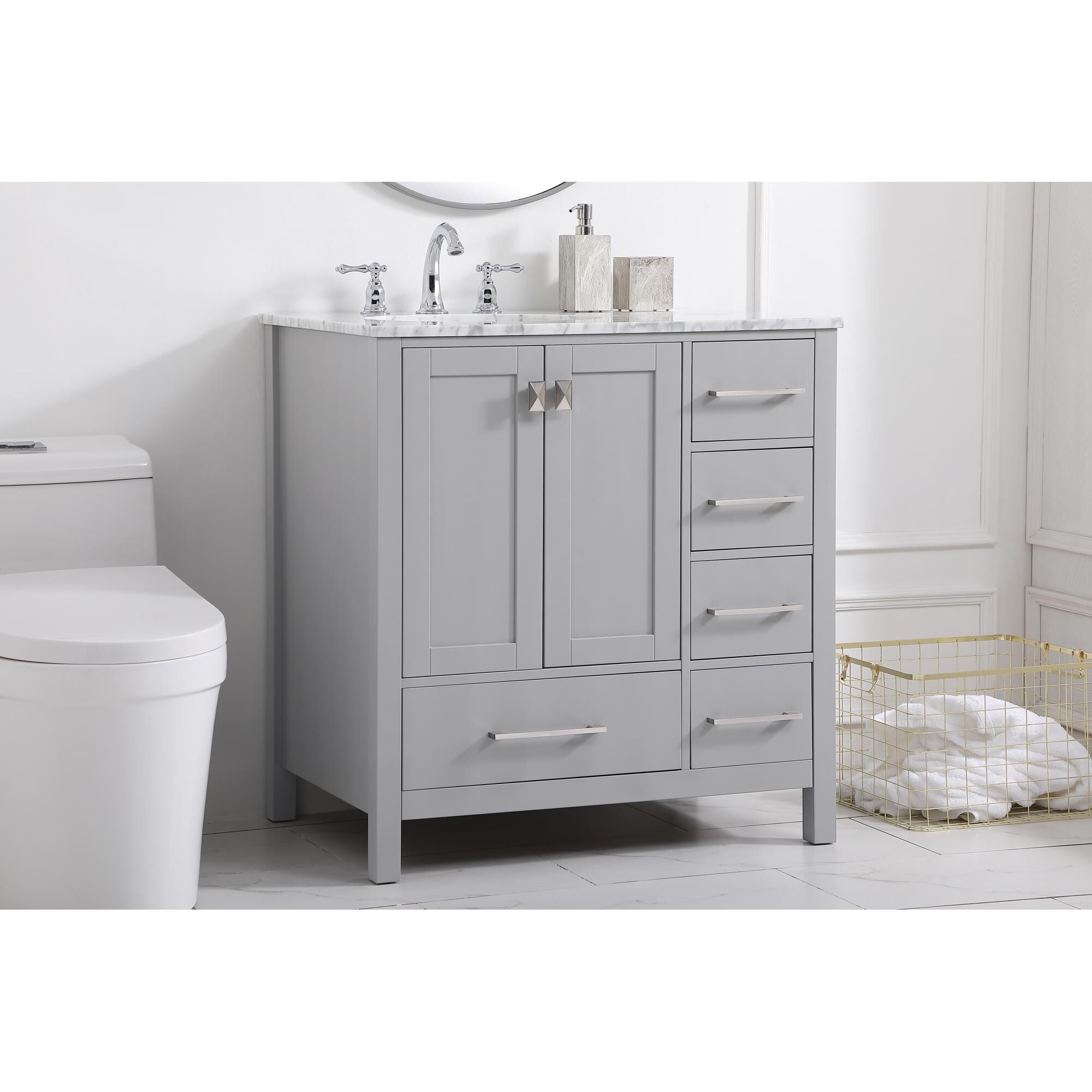 Shown in Gray And Brushed Nickel With Carrara White Marble finish