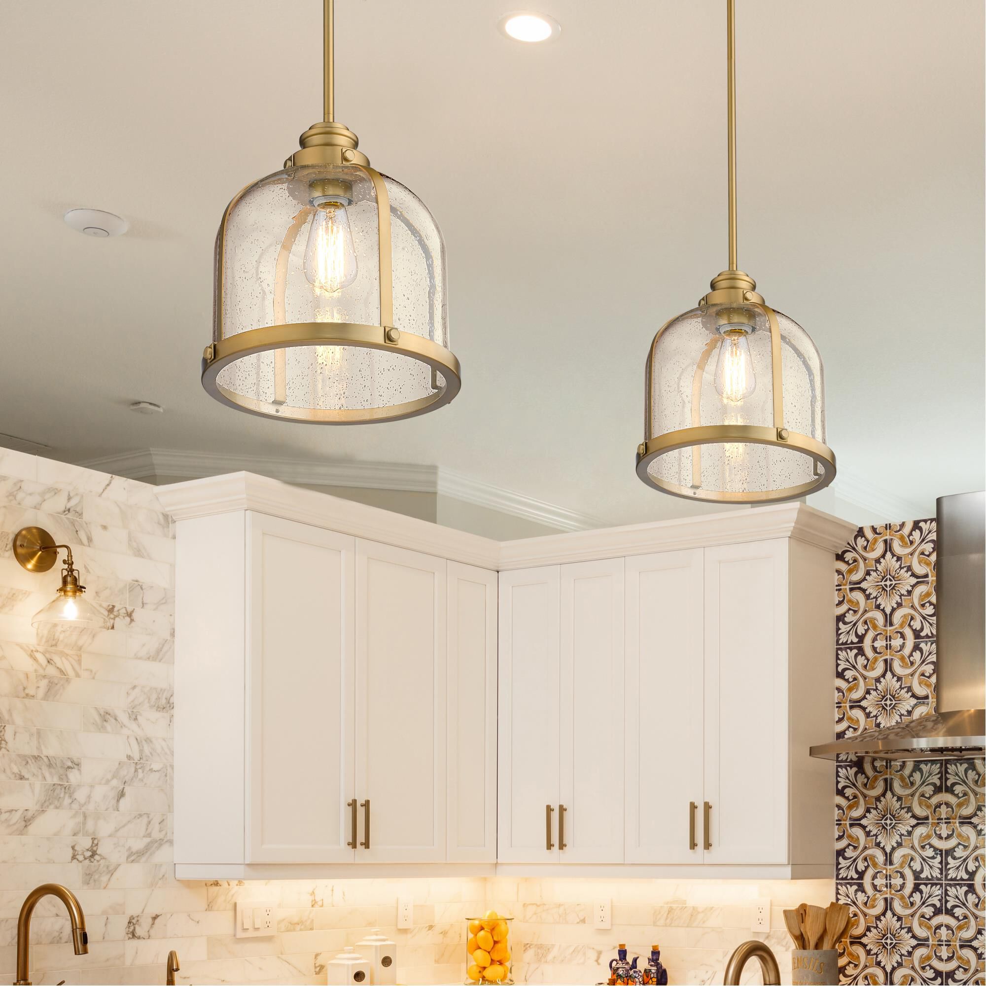 Shown in Heritage Brass finish and Clear Seedy glass and No Shade shade