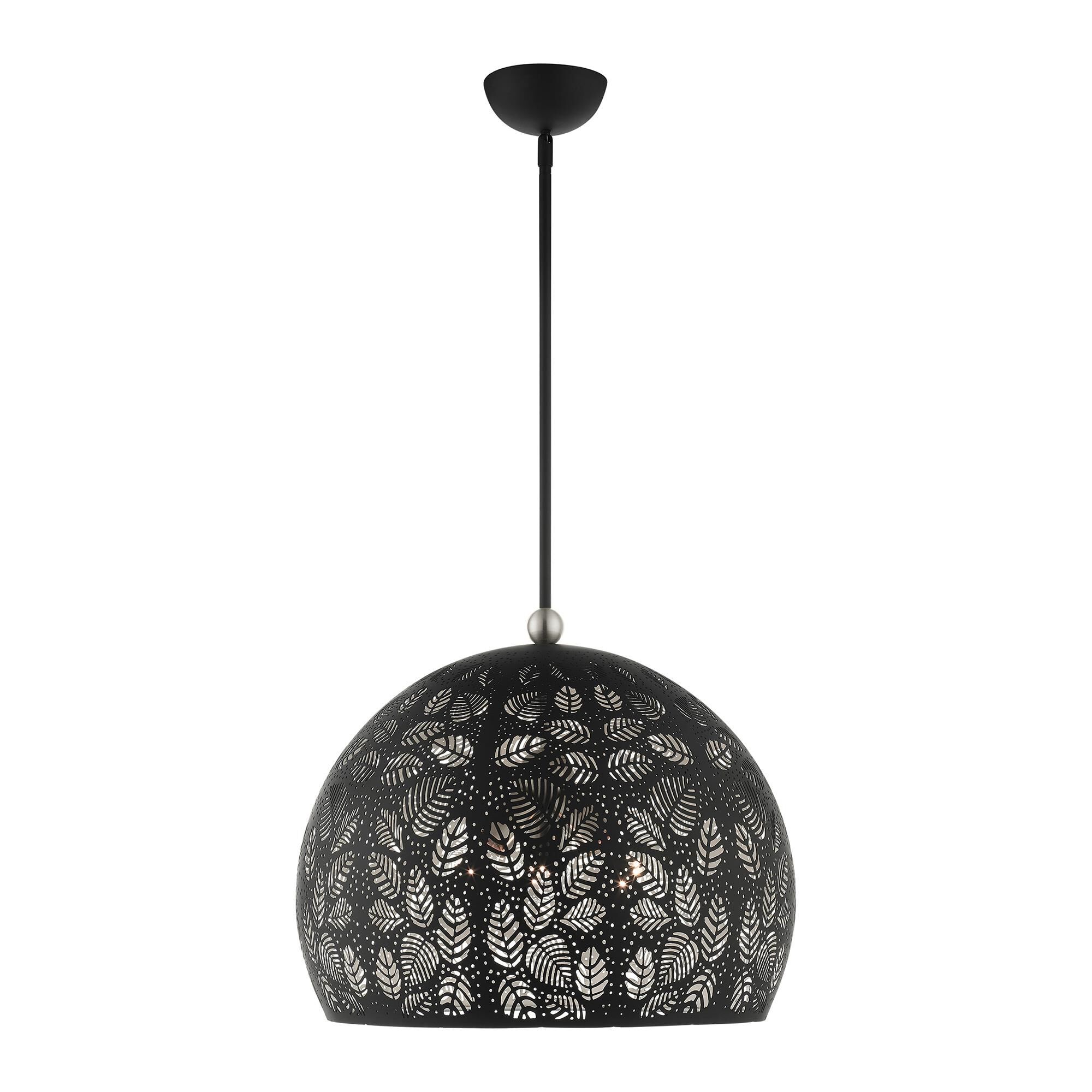 Shown in Black With Brushed Nickel Accents finish and Ornamental Metal Shade/ Black/ White Finish Inside glass and Ornamental Metal / Black/ White Finish Inside shade