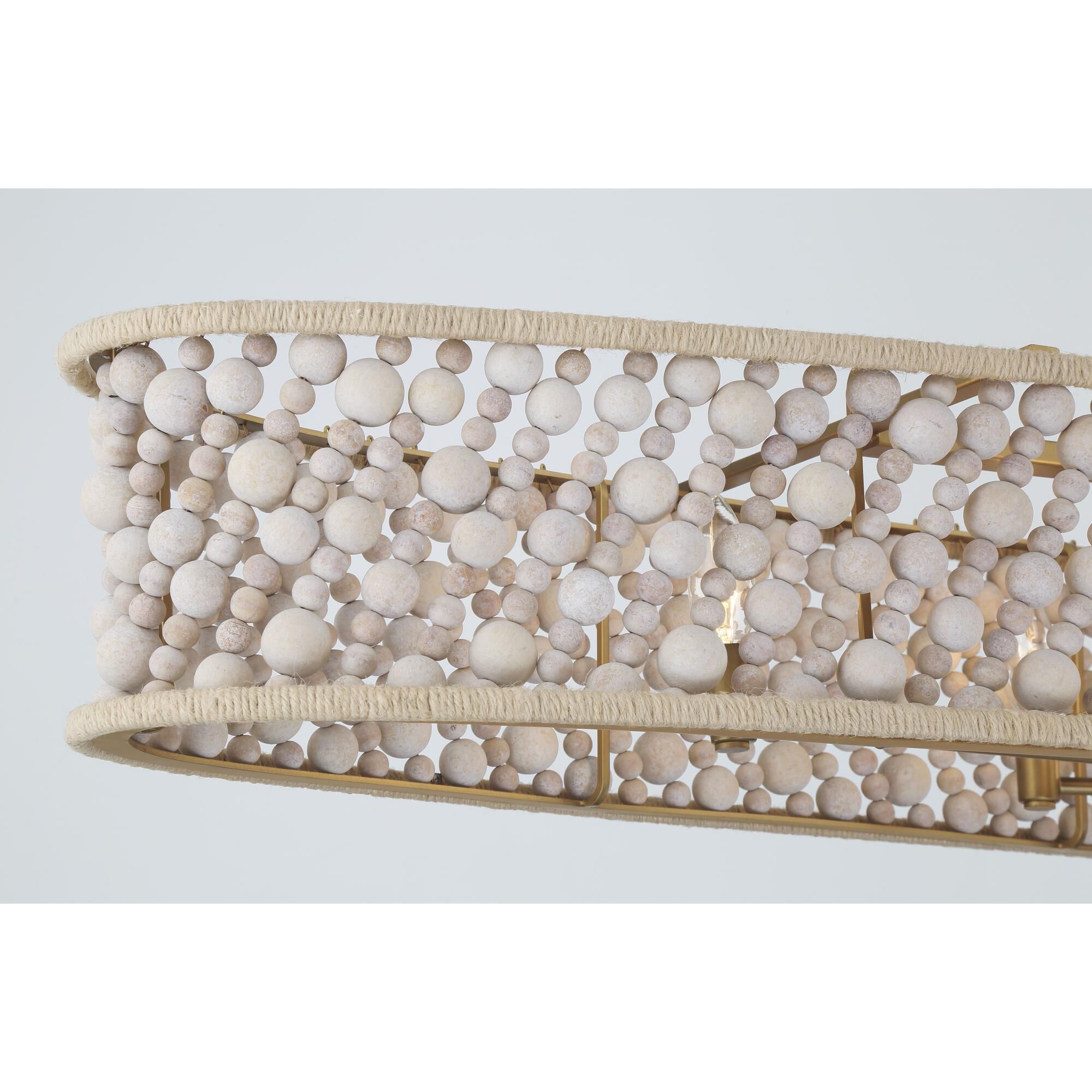 Shown in Legacy Brass (Painted) finish and Bleached glass and Wooden Beads W/Hemp Rope shade